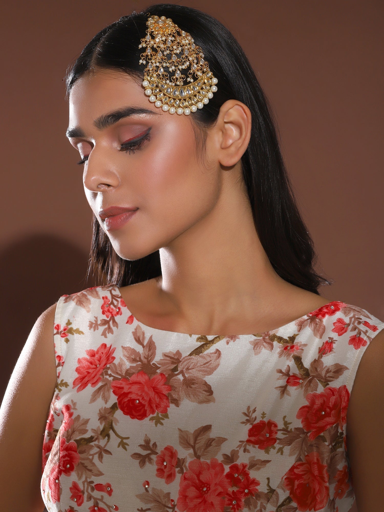 Gold-Polished White Kundan-Studded Beaded Handcrafted Jhumar Passa - Ruby Raang
