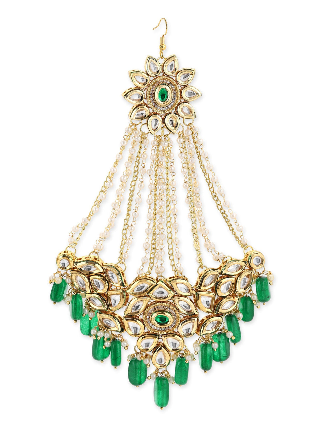 Gold-Polished Green White Kundan Studded Jhoomar Passa - Ruby Raang