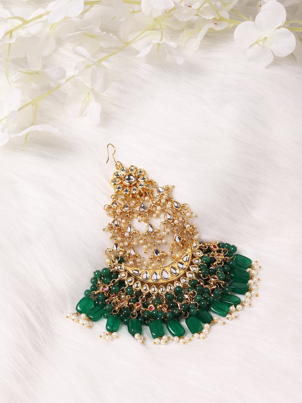 Gold-Polished Green White Kundan-Studded Jhumar Passa - Ruby Raang