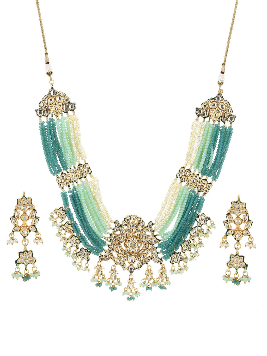 Gold-Polished Blue White Kundan Studded Beaded Jewellery Set - Ruby Raang