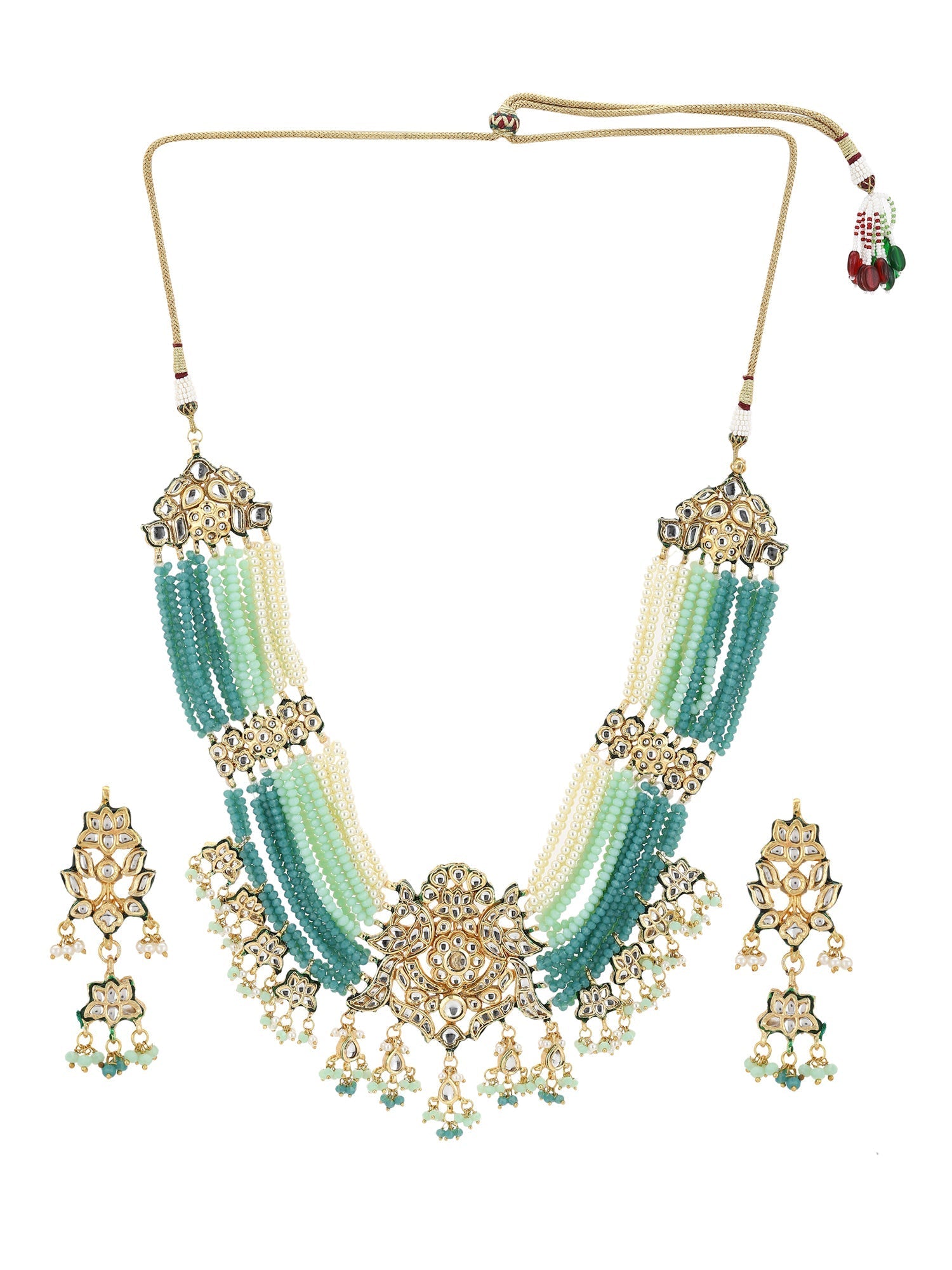 Gold-Polished Blue White Kundan Studded Beaded Jewellery Set - Ruby Raang