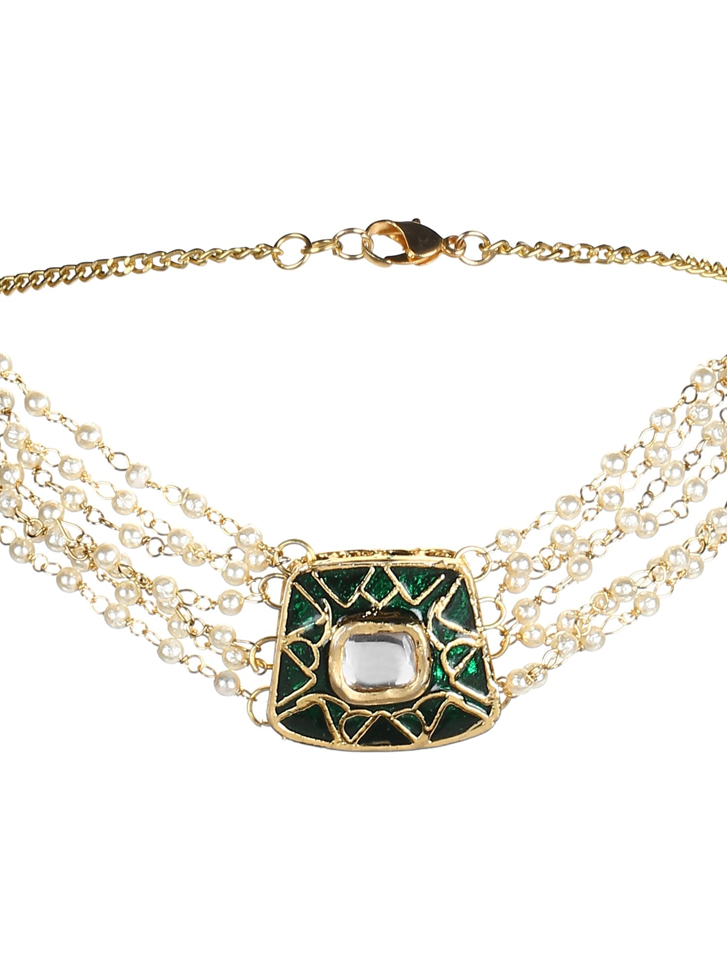 Gold-Polished White Green Brass Kundan Pearls Choker Necklace - Ruby Raang