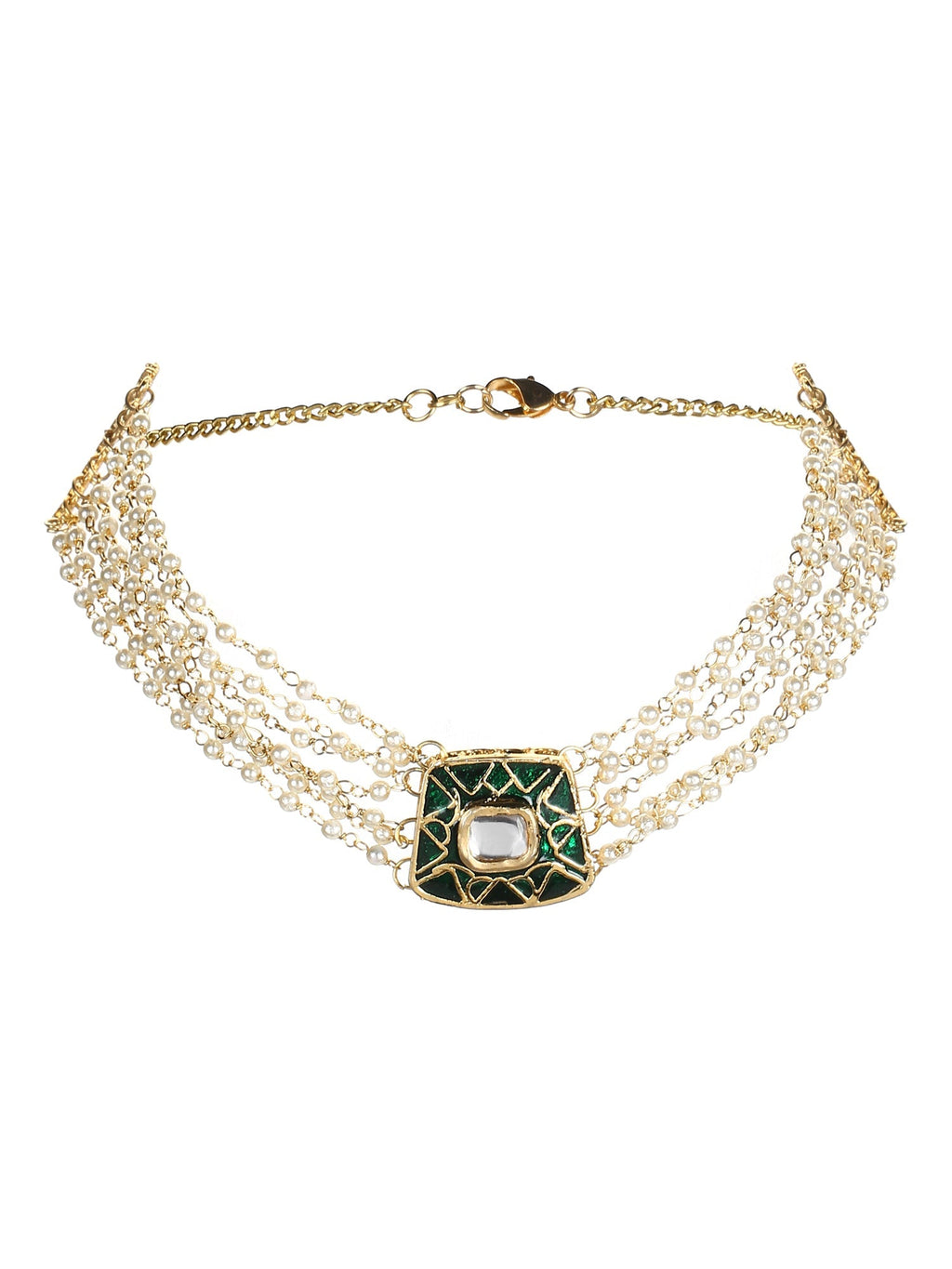 Gold-Polished White Green Brass Kundan Pearls Choker Necklace - Ruby Raang