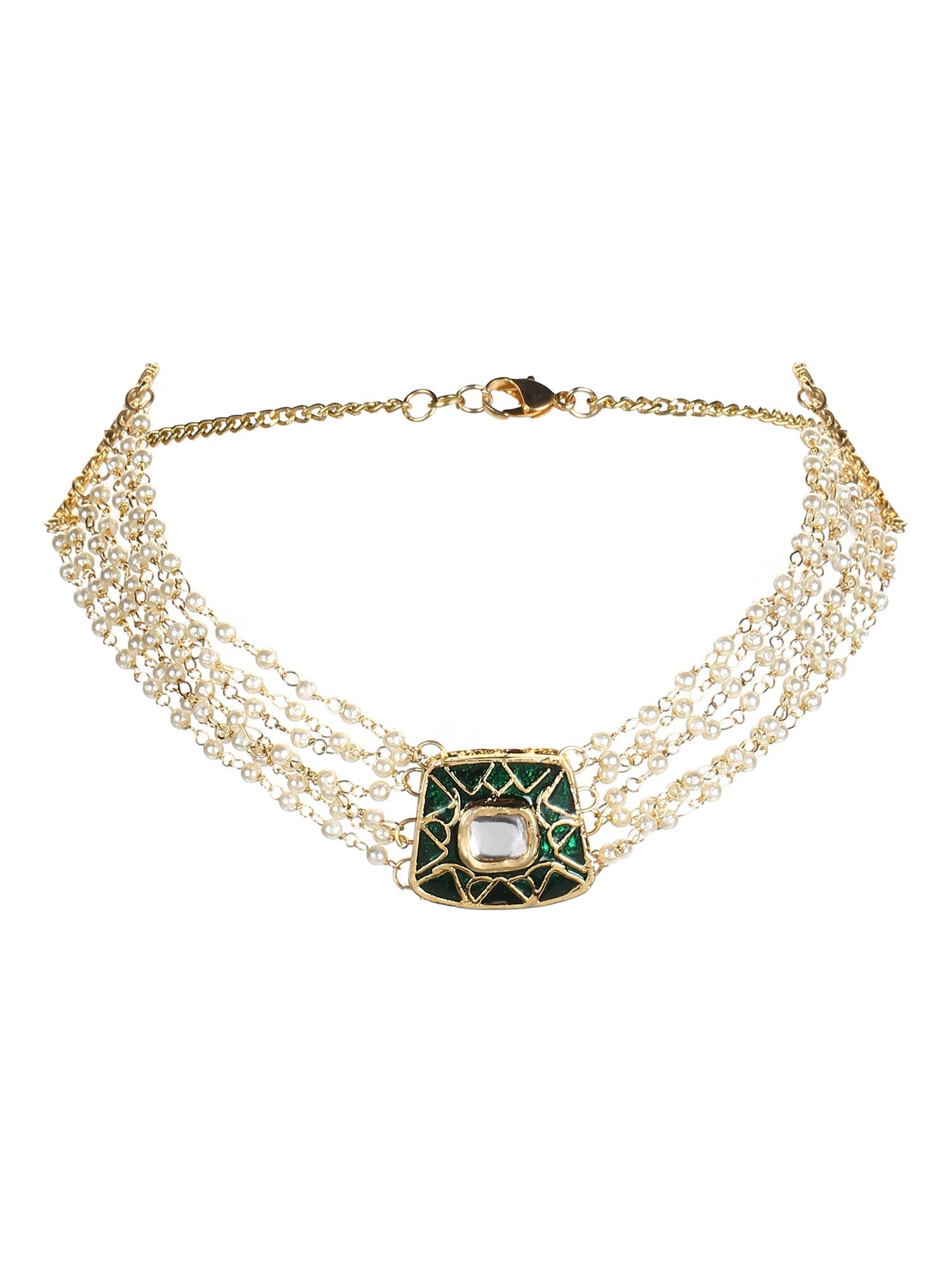 Gold-Polished White Green Brass Kundan Pearls Choker Necklace - Ruby Raang