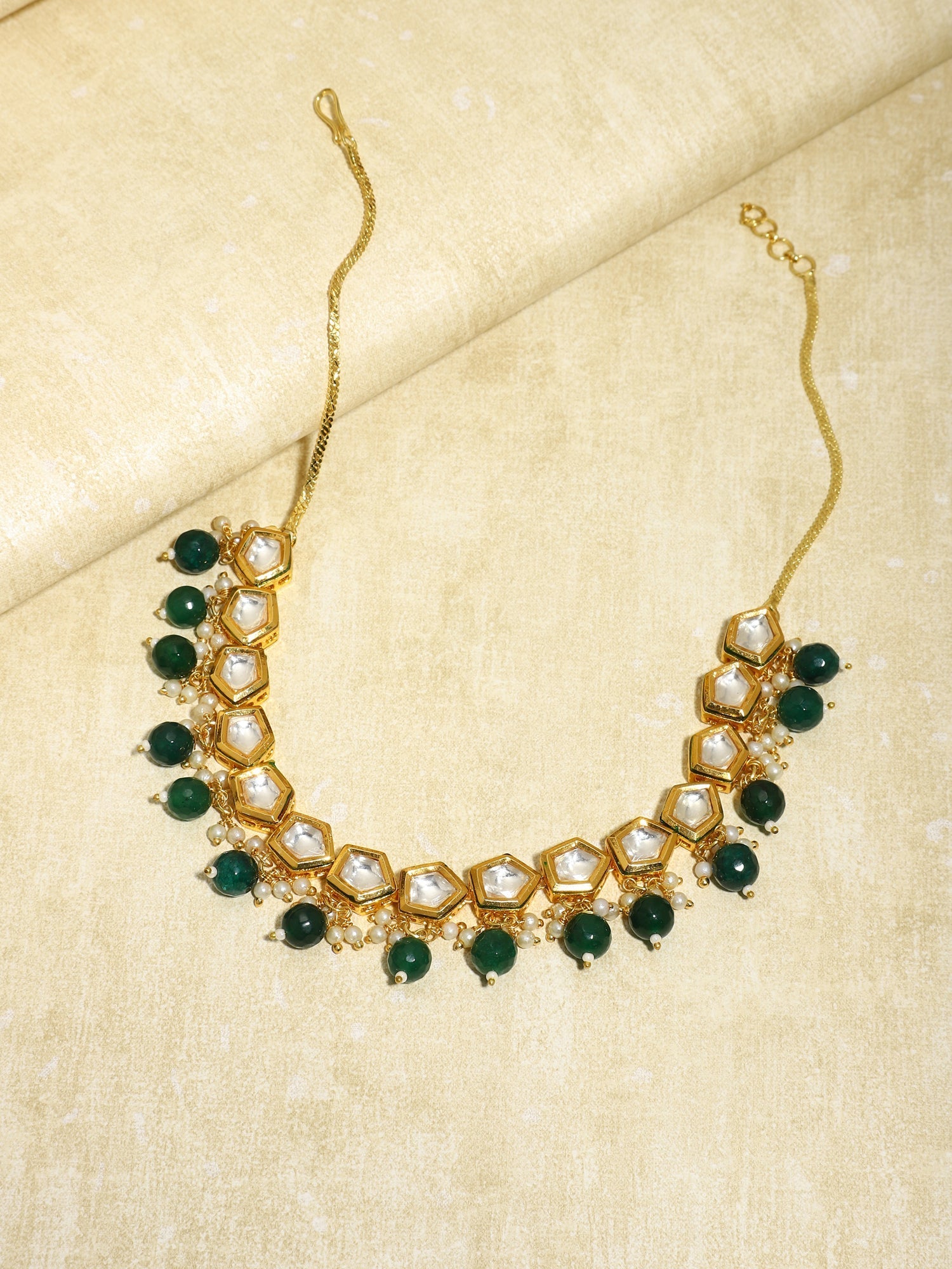 Gold-Polished White Greeb Brass Kundan Pearls Necklace - Ruby Raang