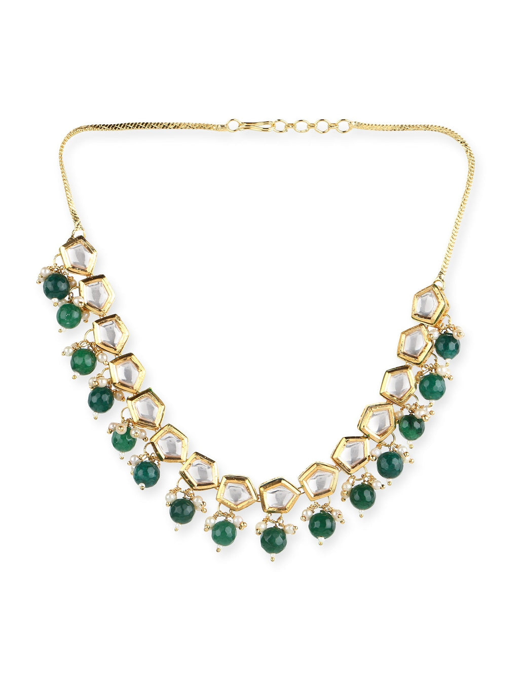 Gold-Polished White Greeb Brass Kundan Pearls Necklace - Ruby Raang