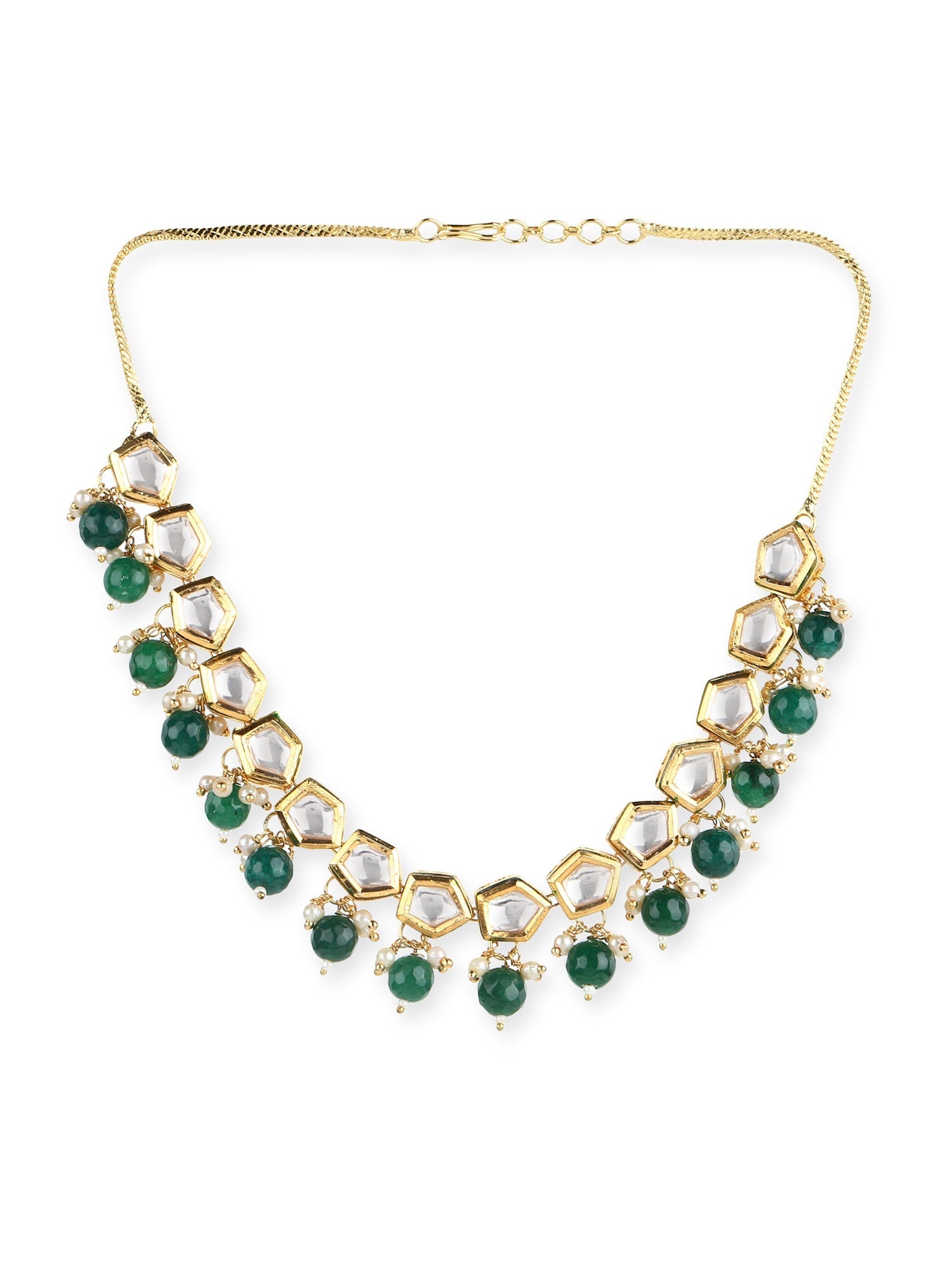 Gold-Polished White Greeb Brass Kundan Pearls Necklace - Ruby Raang