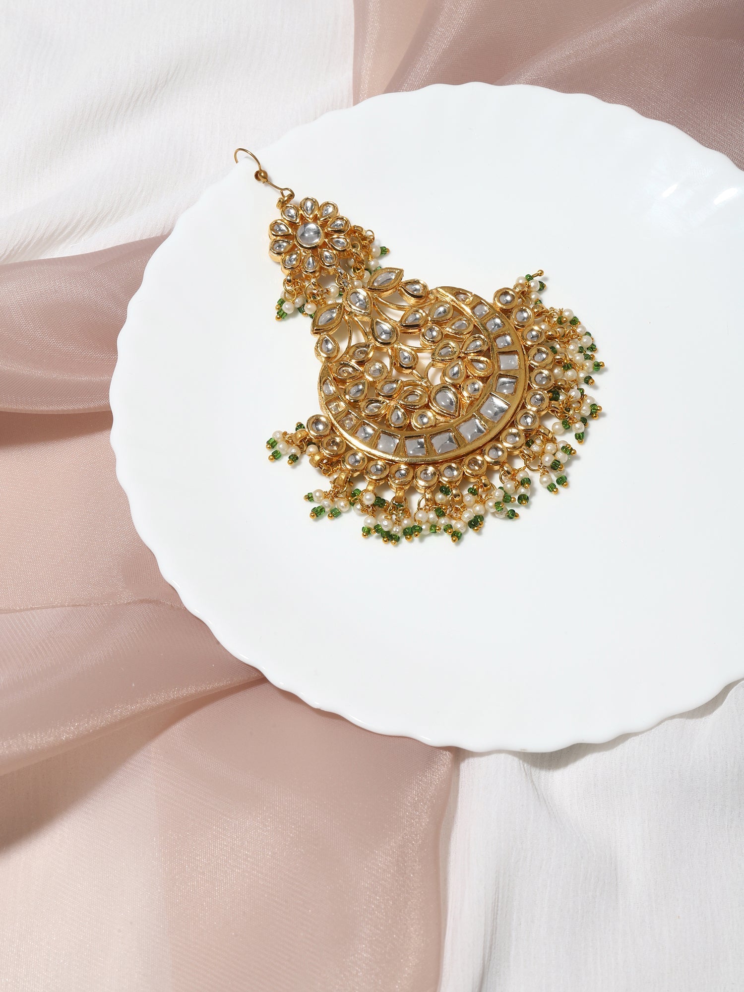 Gold-Polished Kundan Studded Maang Tikka Jhoomar - Ruby Raang
