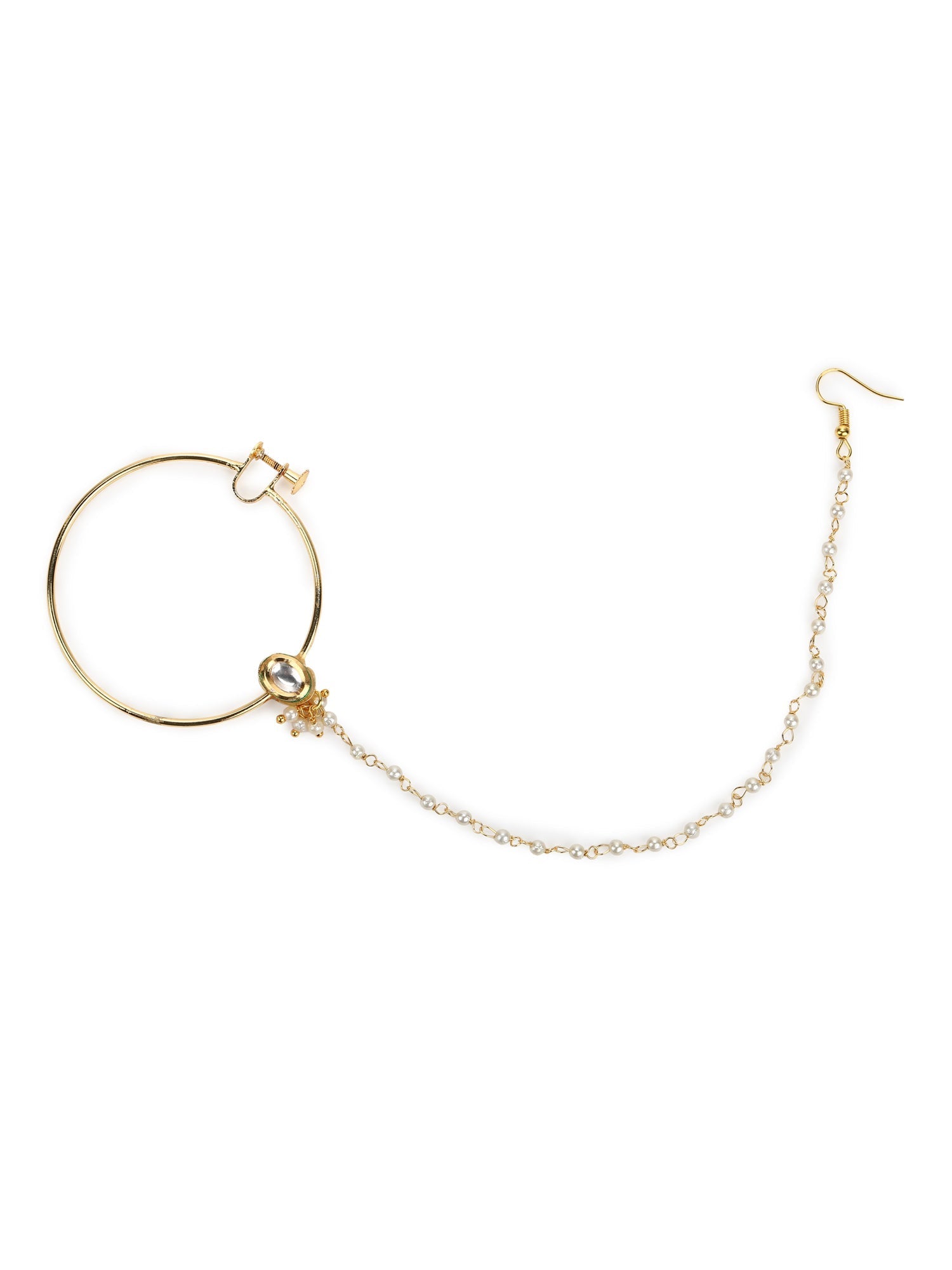 Women's Gold-Toned White Kundan Nose Ring - Ruby Raang