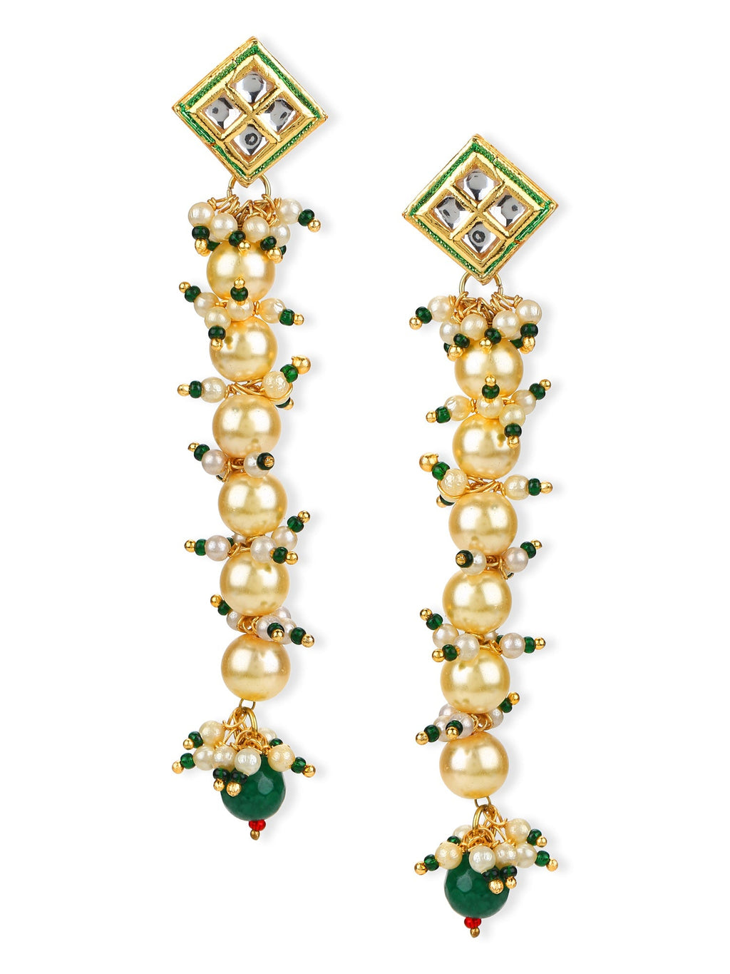 Cream-Coloured Green Gold-Polished Kundan Studded Contemporary Drop Earrings - Ruby Raang