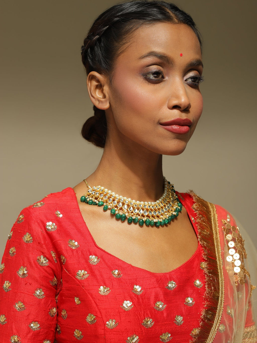 Gold-Polished Green Kundan Studded Brass Necklace - Ruby Raang