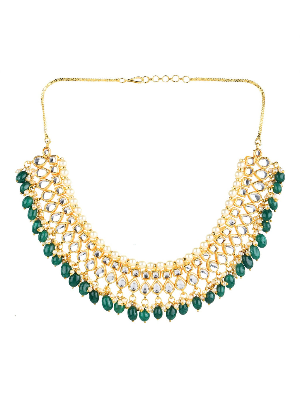 Gold-Polished Green Kundan Studded Brass Necklace - Ruby Raang
