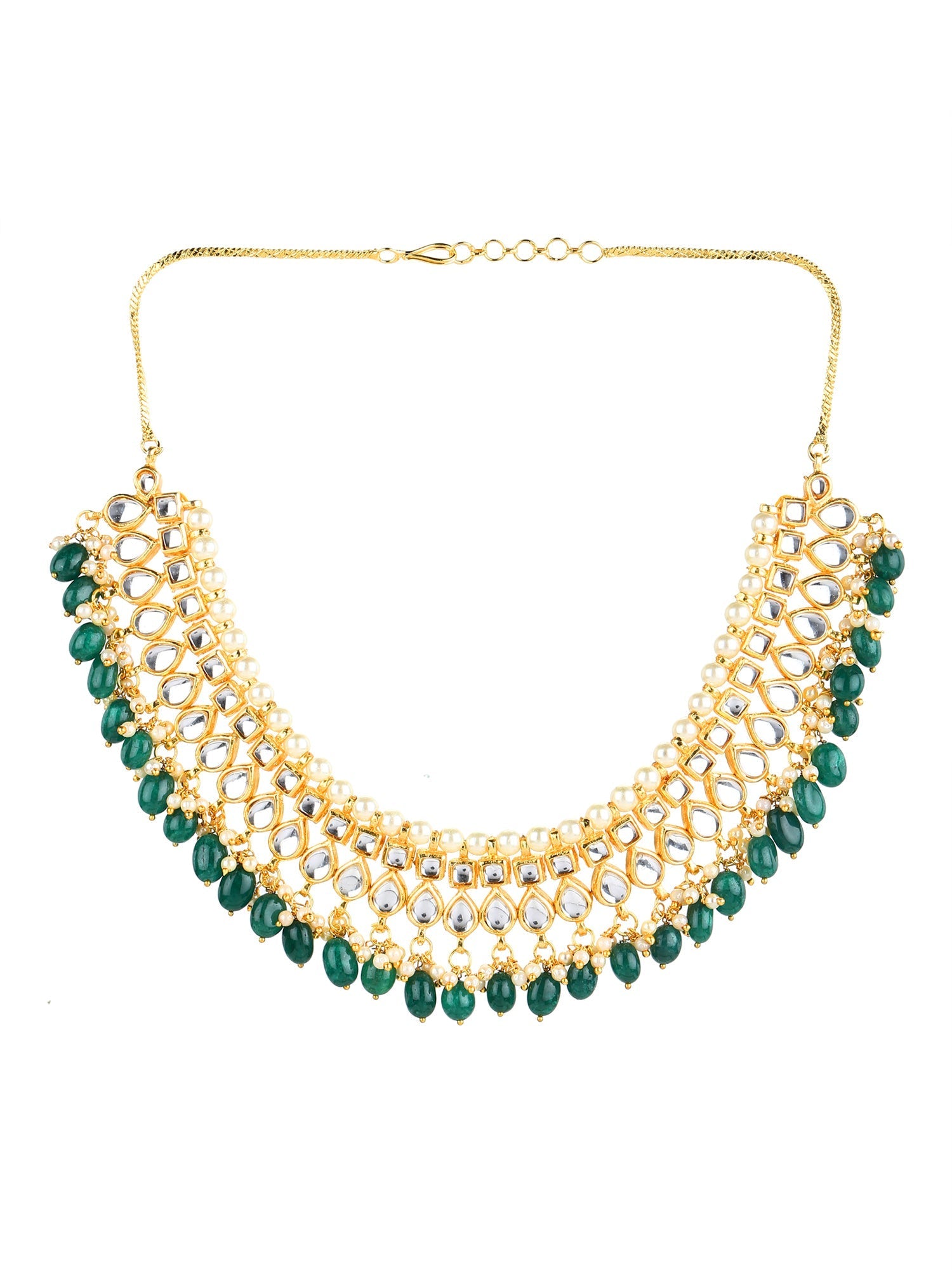 Gold-Polished Green Kundan Studded Brass Necklace - Ruby Raang