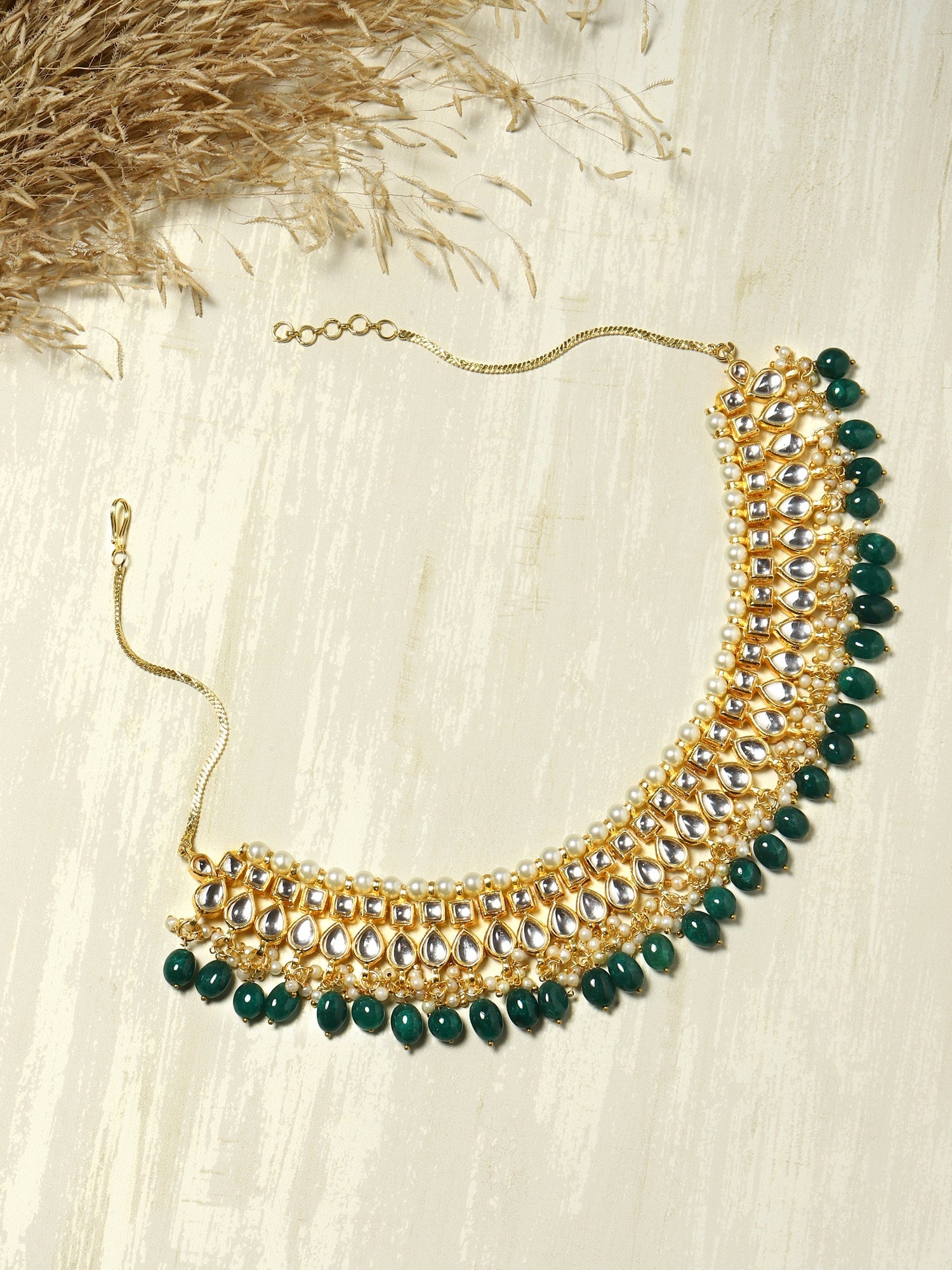 Gold-Polished Green Kundan Studded Brass Necklace - Ruby Raang