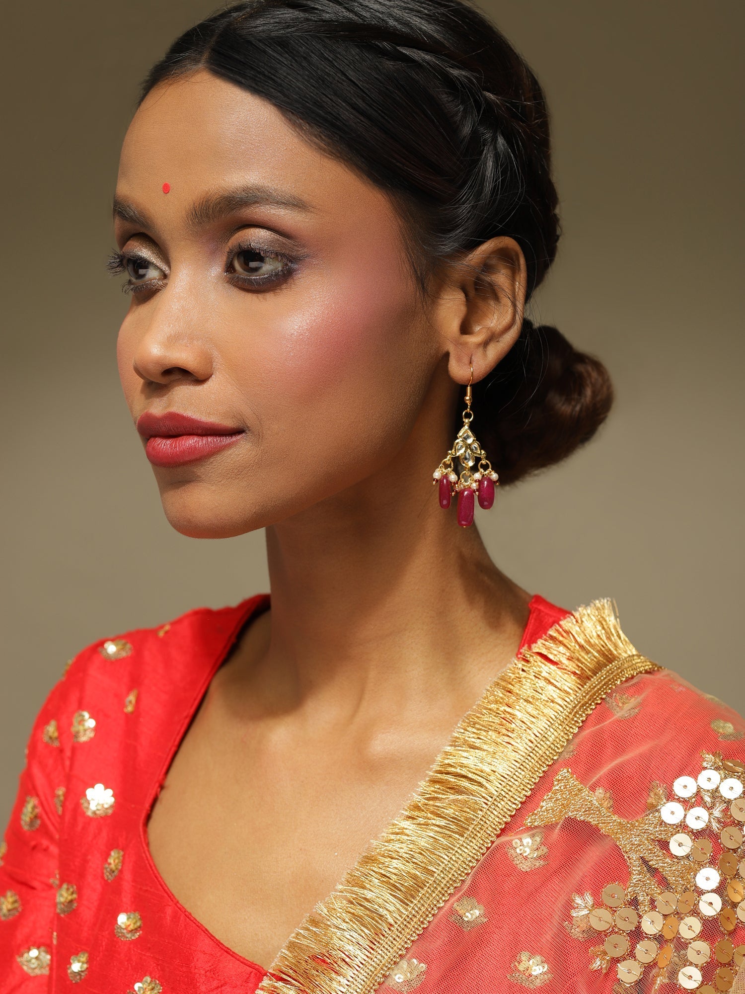 Maroon Kundan Contemporary Drop Earrings - Ruby Raang