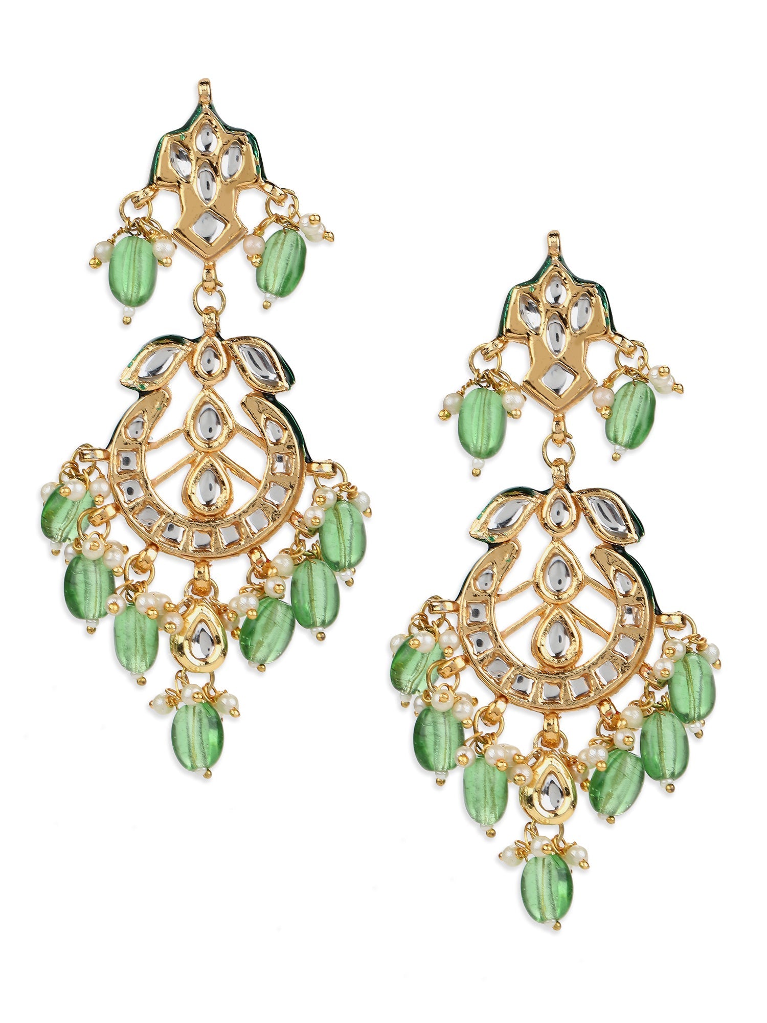 Green Gold-Polished Kundan Drop Earrings - Ruby Raang