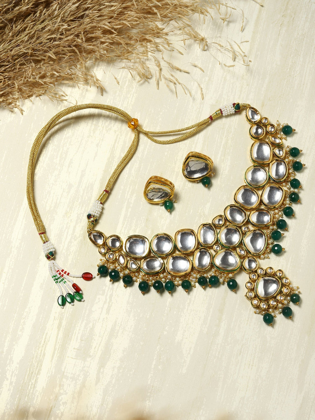 Green White Kundan Choker Jewellery Set - Ruby Raang