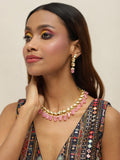 Gold-Polished White Pink Kundan-Studded Pearl Beaded Handcrafted Jewellery Set - Ruby Raang