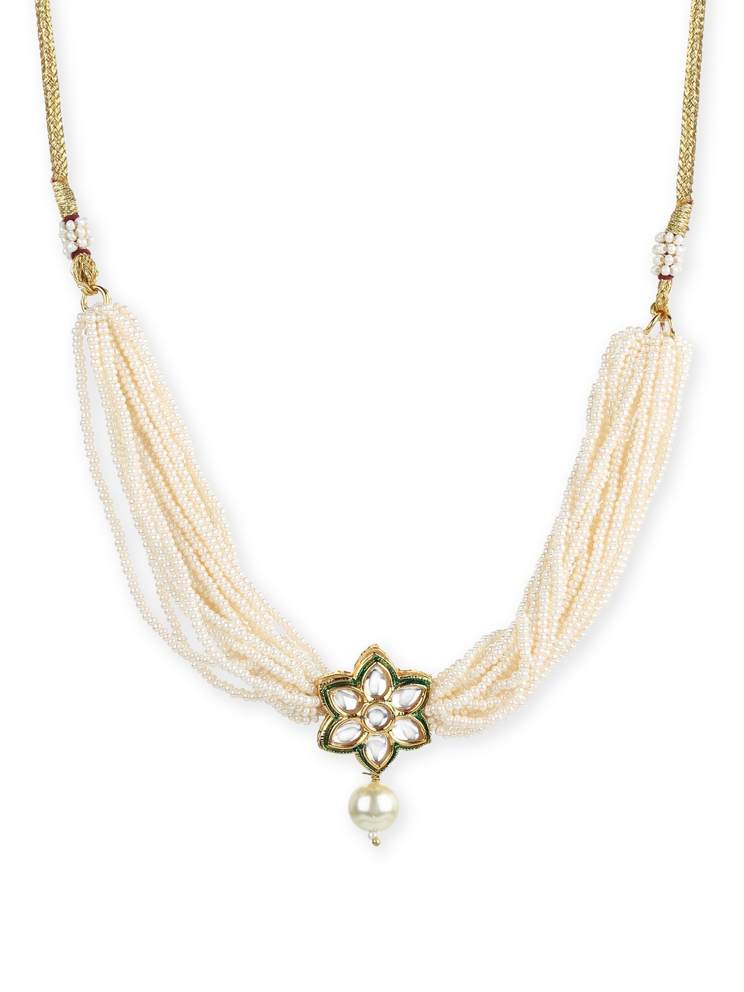 Gold-Polished White Green Brass Kundan Pearls Choker Necklace - Ruby Raang
