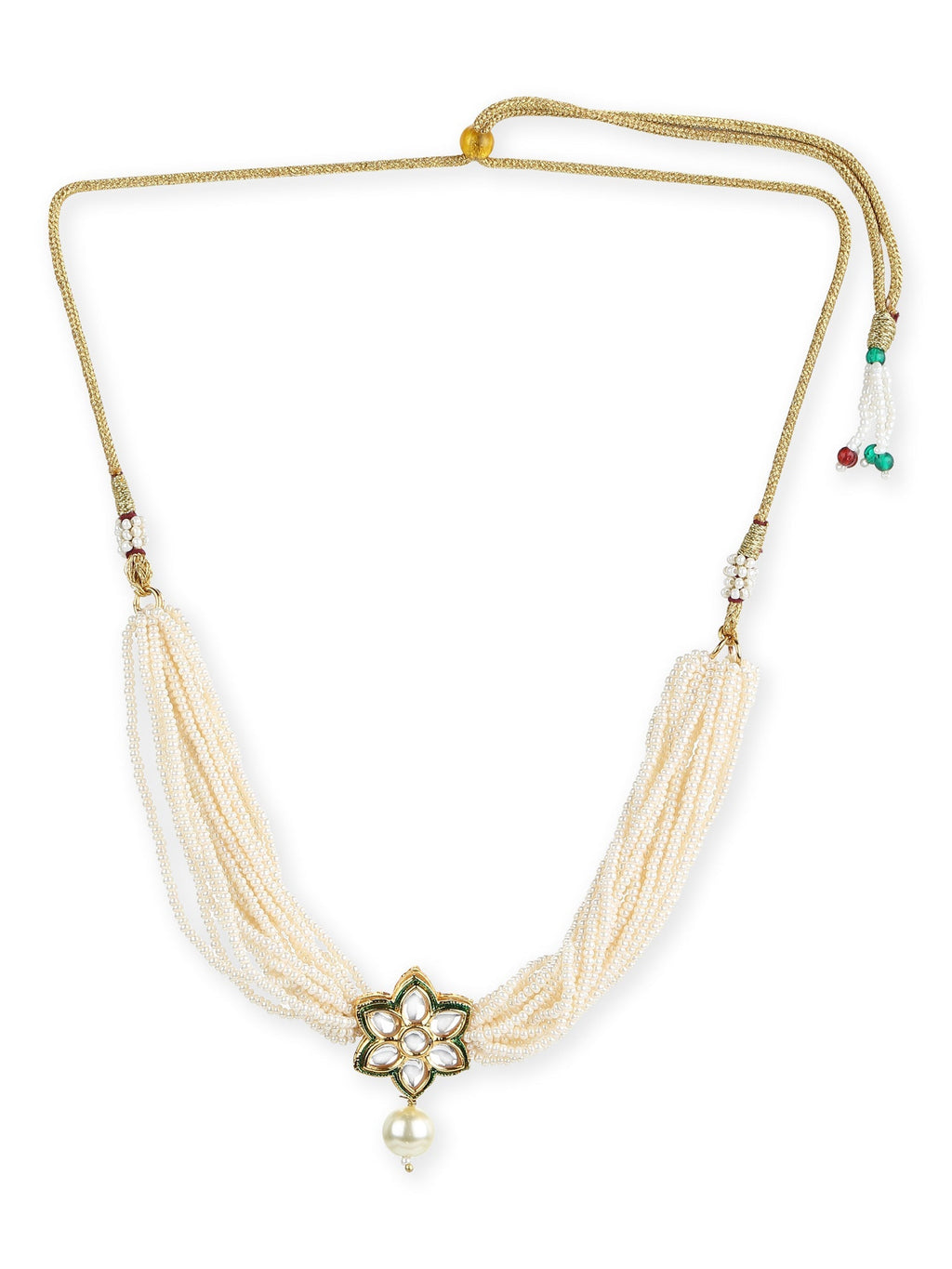 Gold-Polished White Green Brass Kundan Pearls Choker Necklace - Ruby Raang