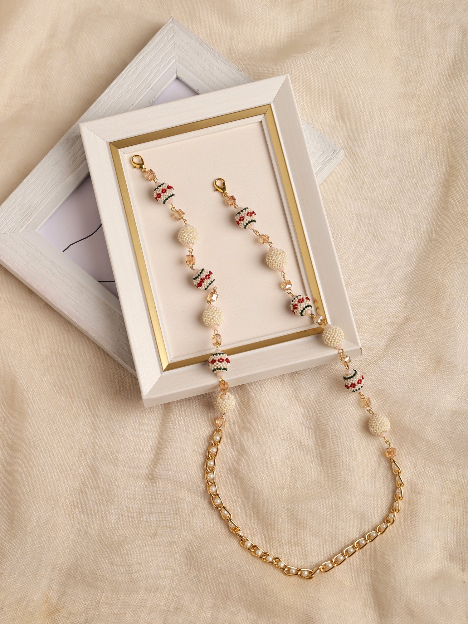 White Gold Toned Embellished Mask Chain - Ruby Raang