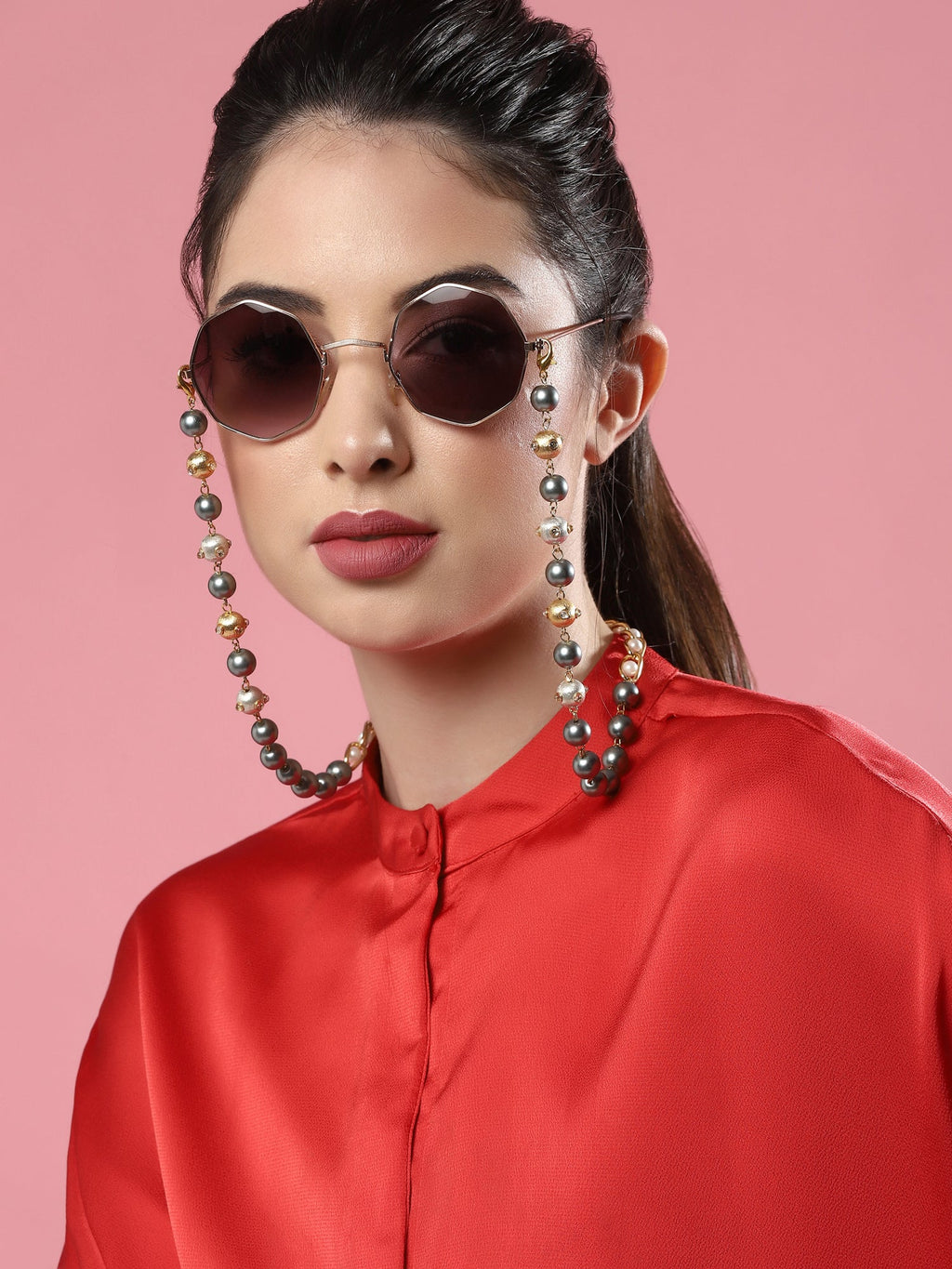Gold-Toned Grey Beaded Mask Chain - Ruby Raang