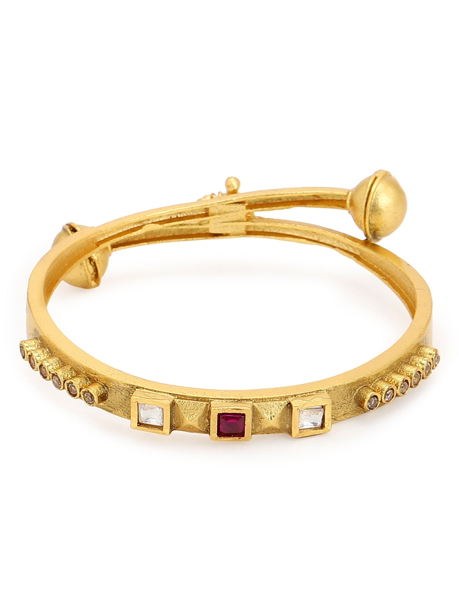 Gold-Polished White Red Stone Studded Beaded Bangle - Ruby Raang
