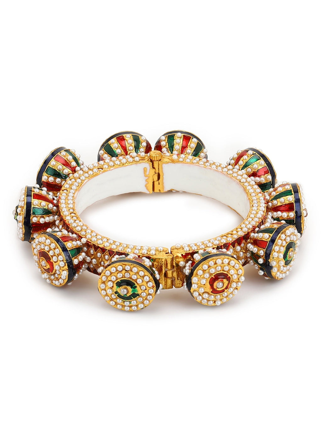 Gold-Polished White Green Stone Studded Meenakari Bangle - Ruby Raang