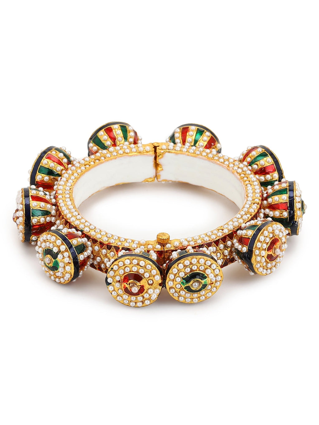 Gold-Polished White Green Stone Studded Meenakari Bangle - Ruby Raang