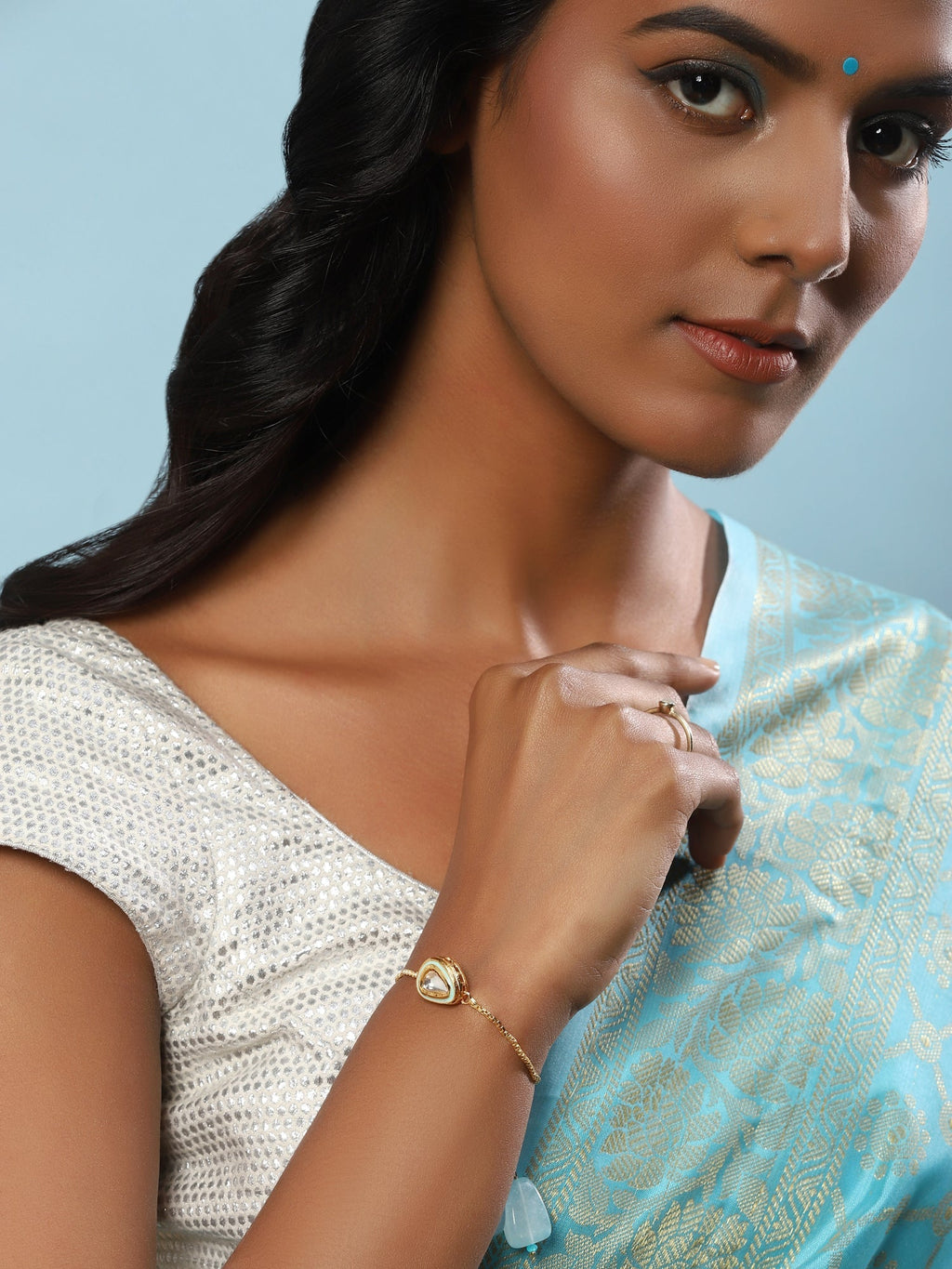 Women's Blue Gold-Toned Brass Handcrafted Gold-Polished Charm Bracelet - Ruby Raang