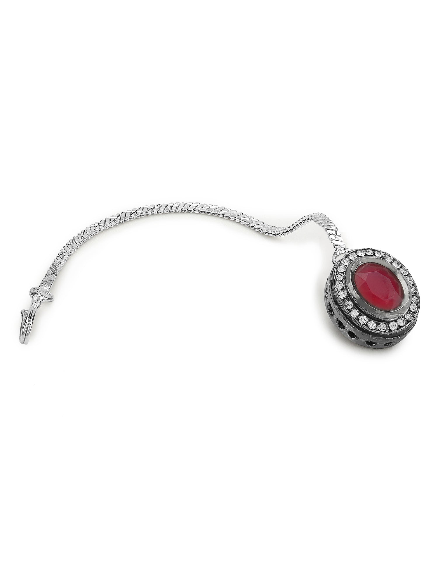 Gold-Polished Maroon White Kundan Stone -Studded Maang Tikka - Ruby Raang