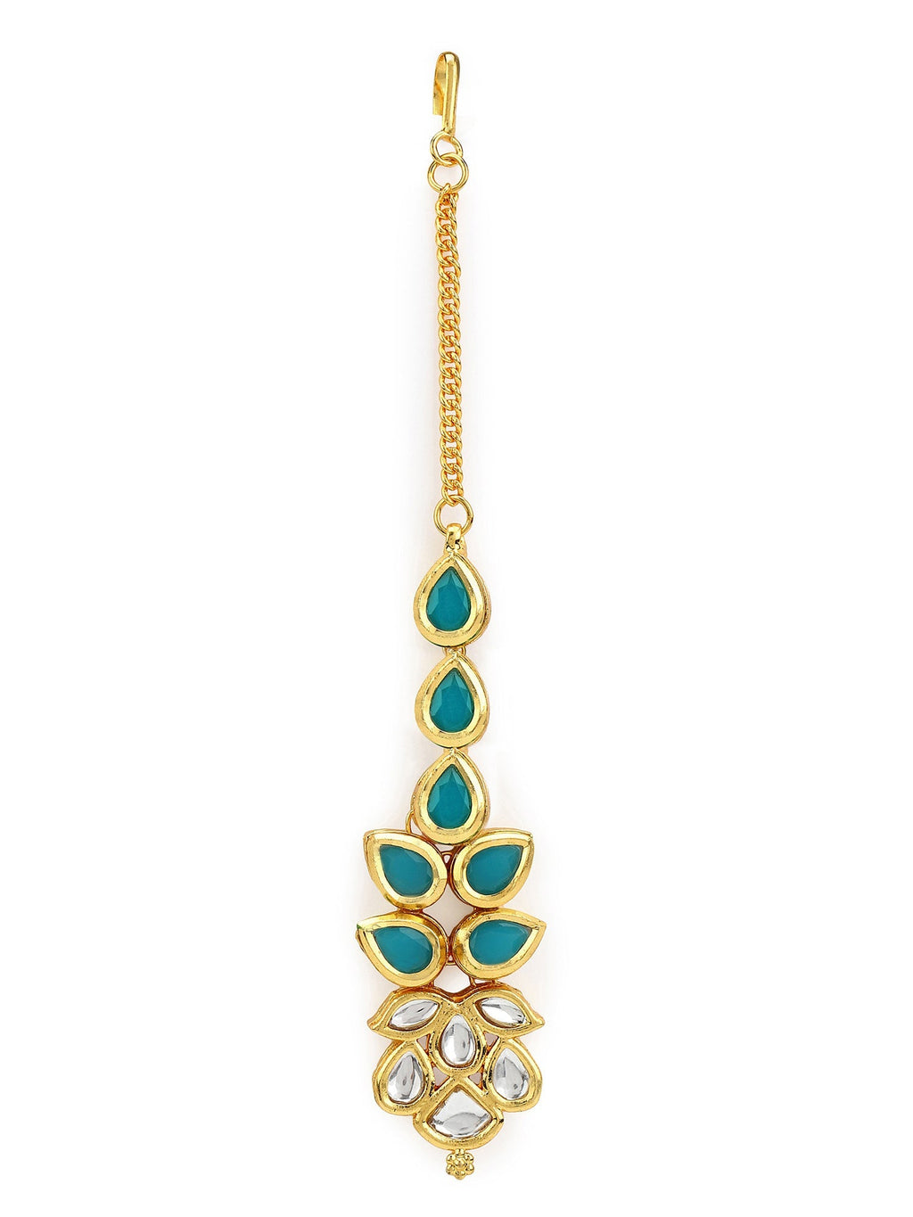 Gold-Polished Turquoise Blue Kundan-Studded Maang Tikka - Ruby Raang
