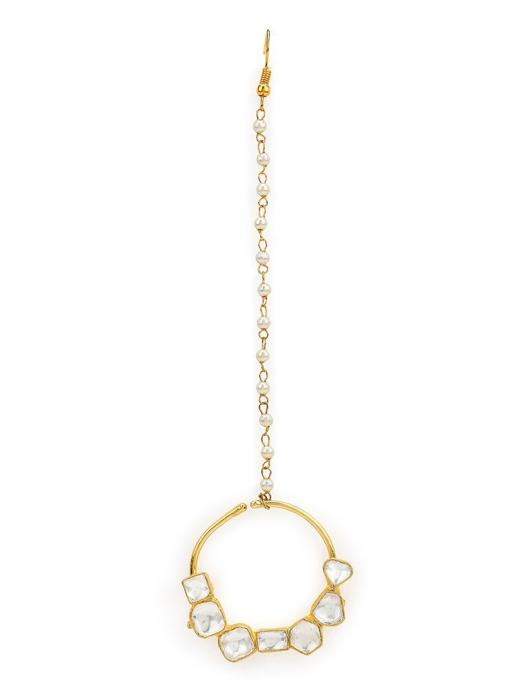 Gold-Polished White Kundan-Studded Nose Ring With Chain - Ruby Raang