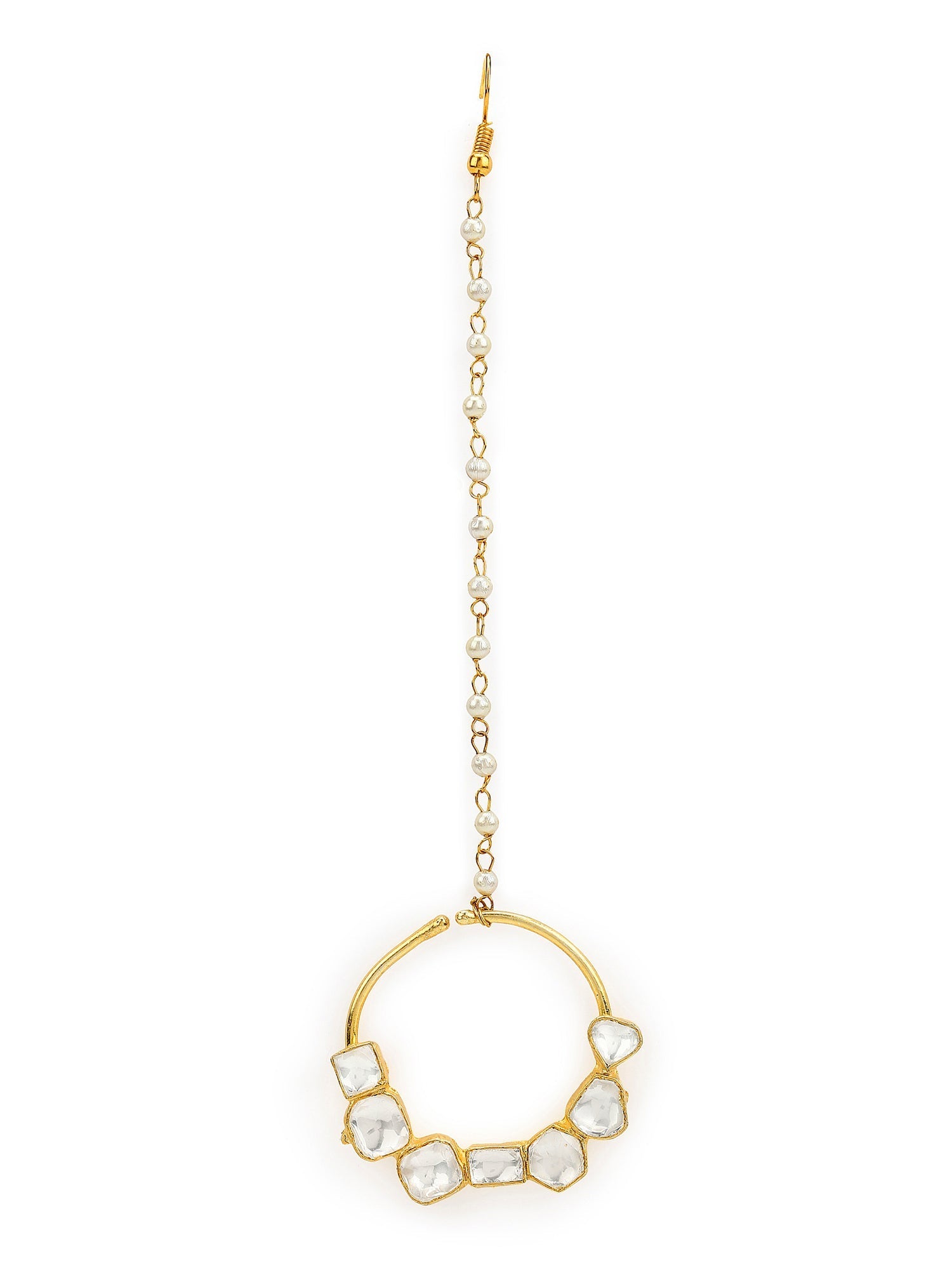 Gold-Polished White Kundan-Studded Nose Ring With Chain - Ruby Raang
