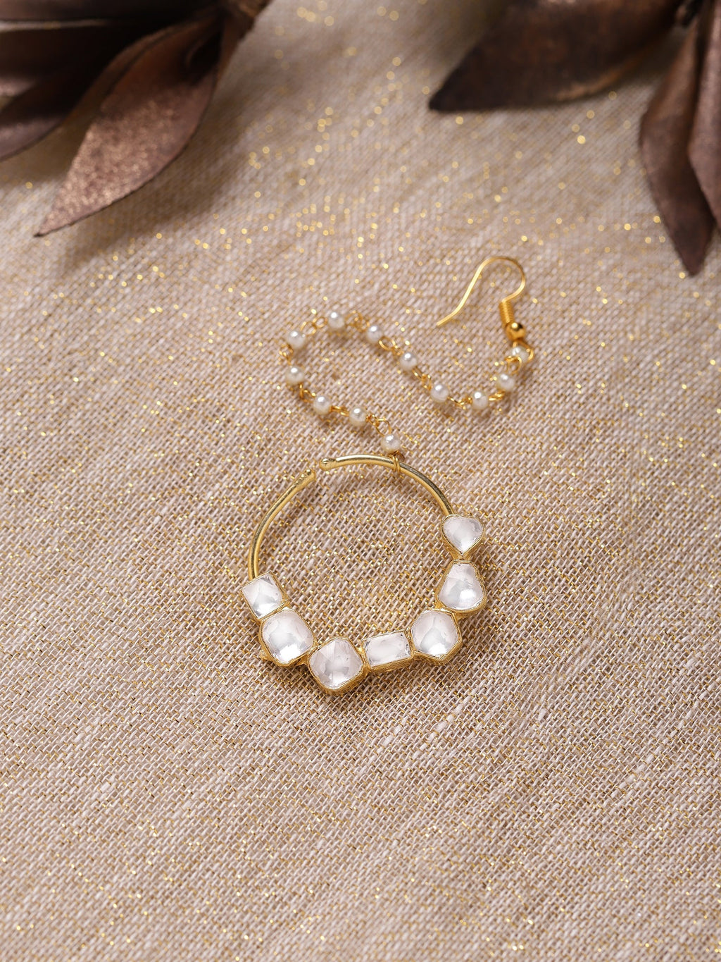 Gold-Polished White Kundan-Studded Nose Ring With Chain - Ruby Raang