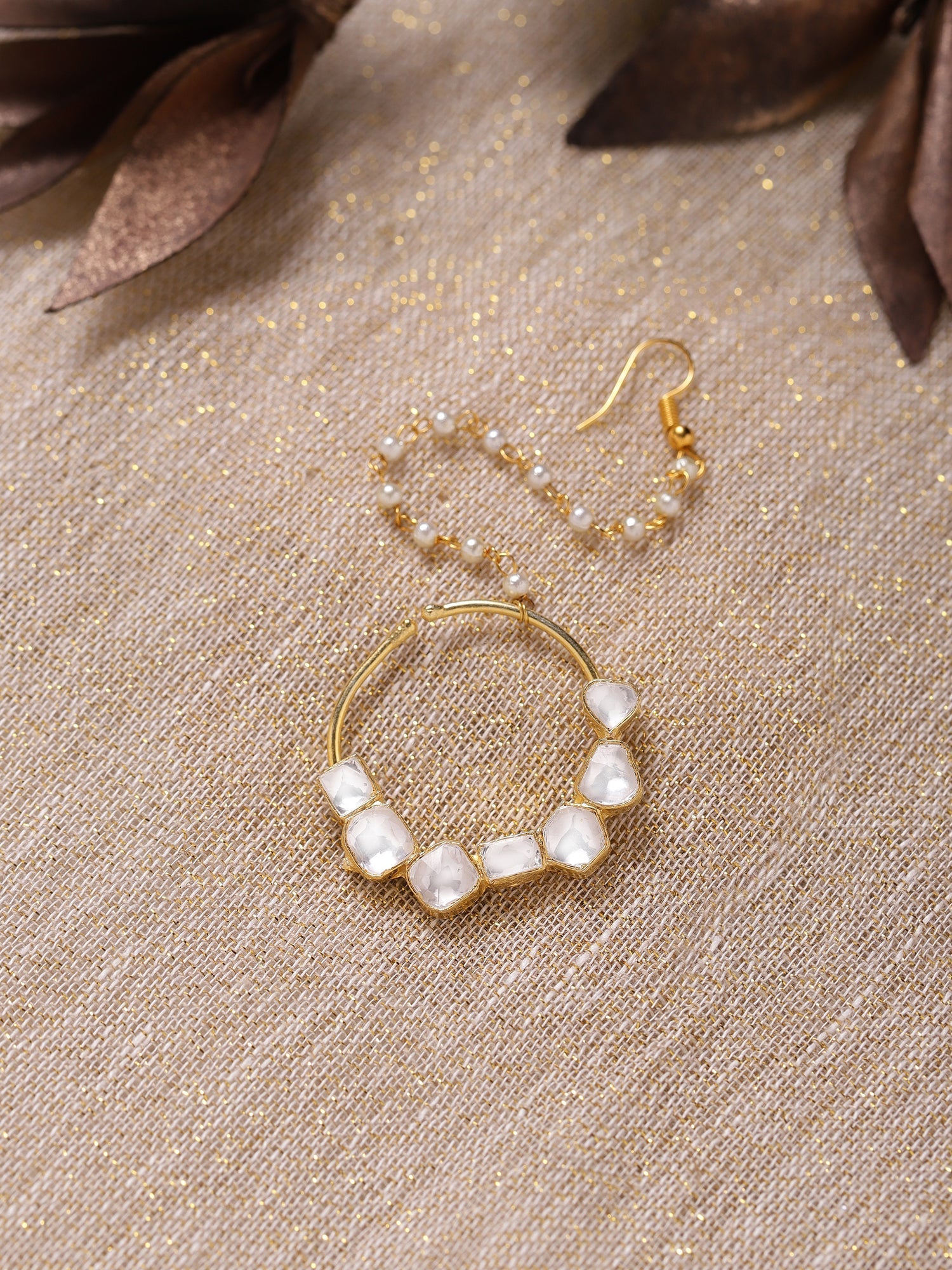 Gold-Polished White Kundan-Studded Nose Ring With Chain - Ruby Raang