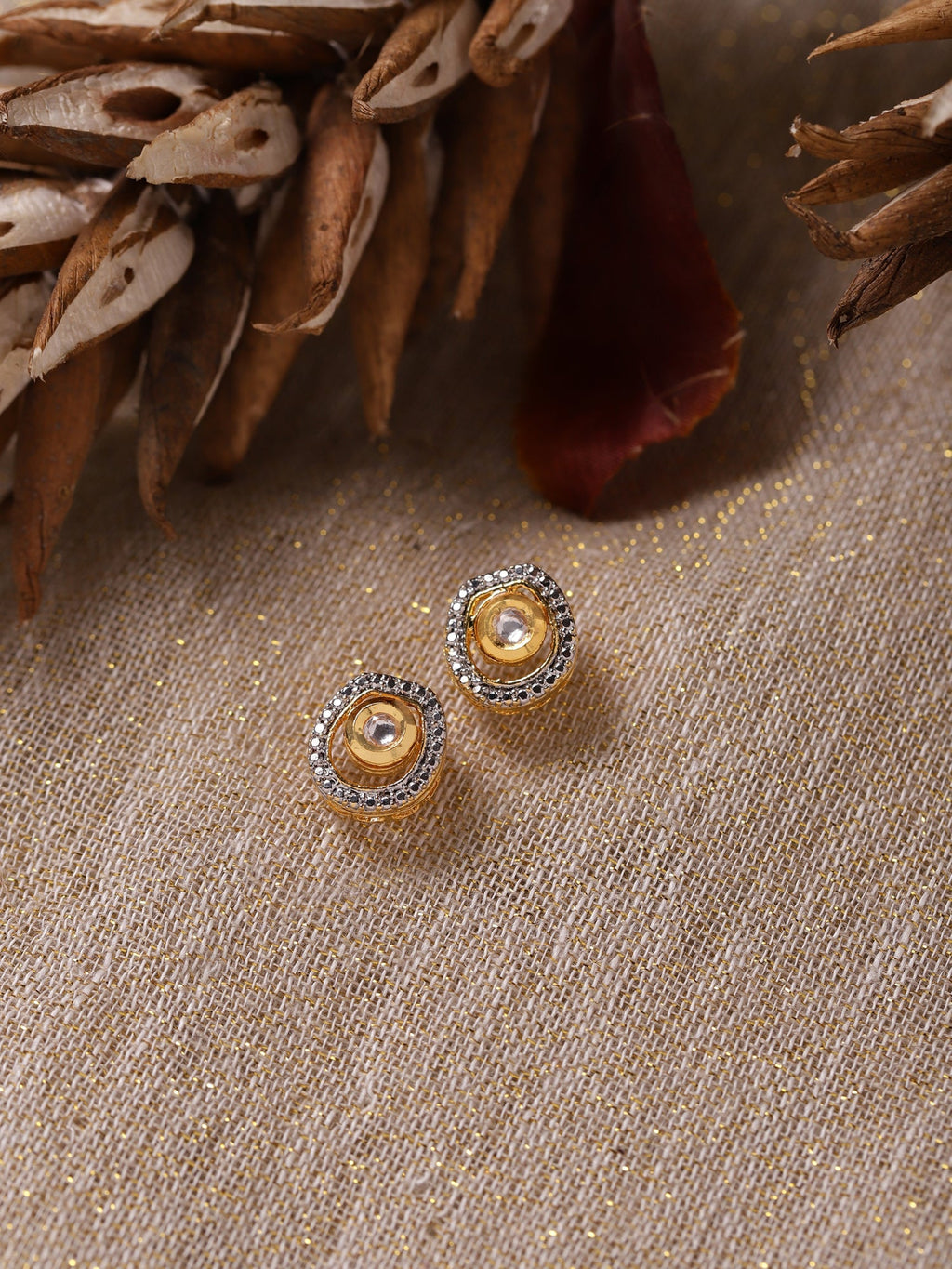 Gold-Polished White Kundan Studded Circular Studs Earrings - Ruby Raang