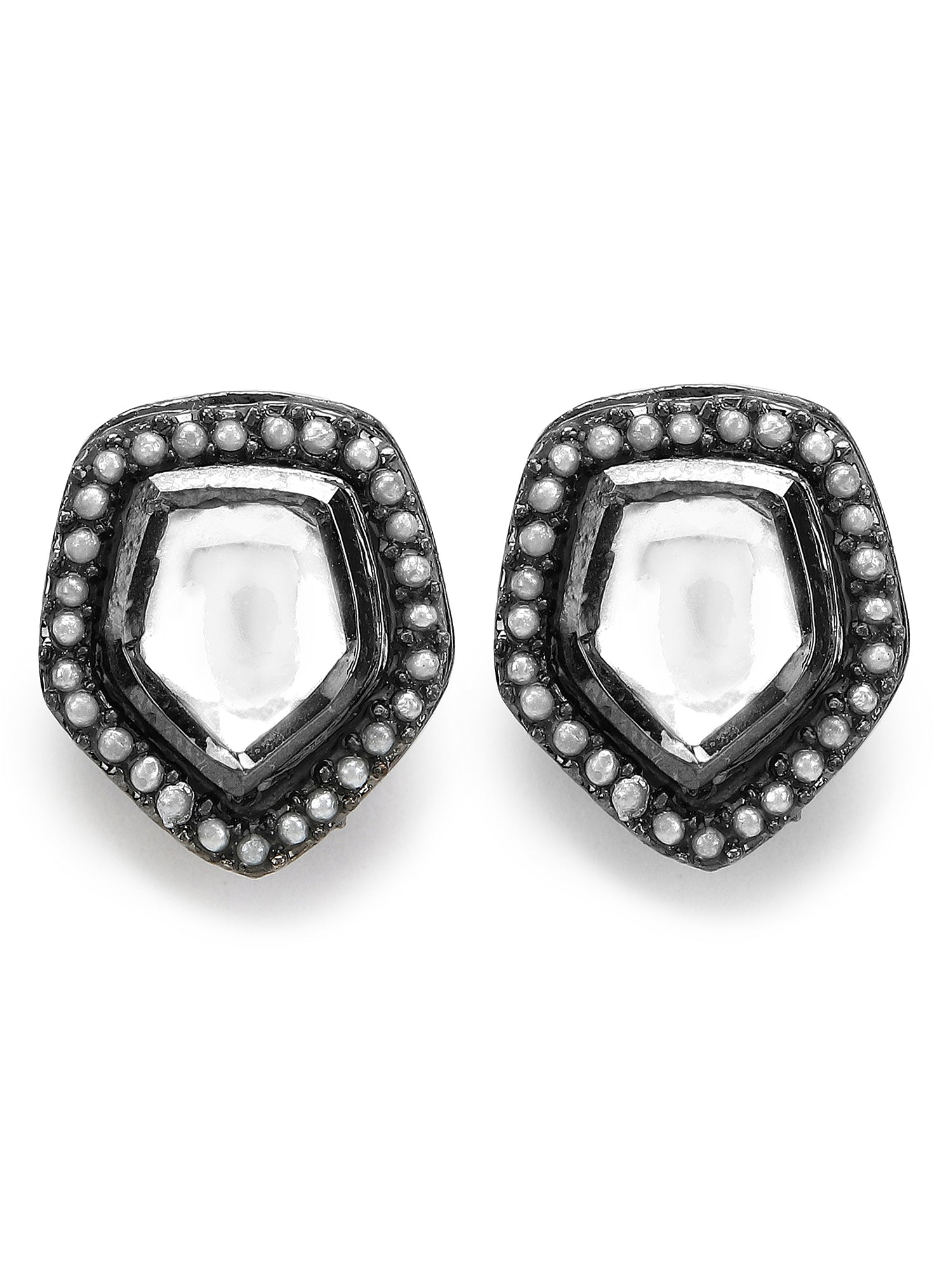 Silver-Plated Geometric Kundan Studs Earrings - Ruby Raang