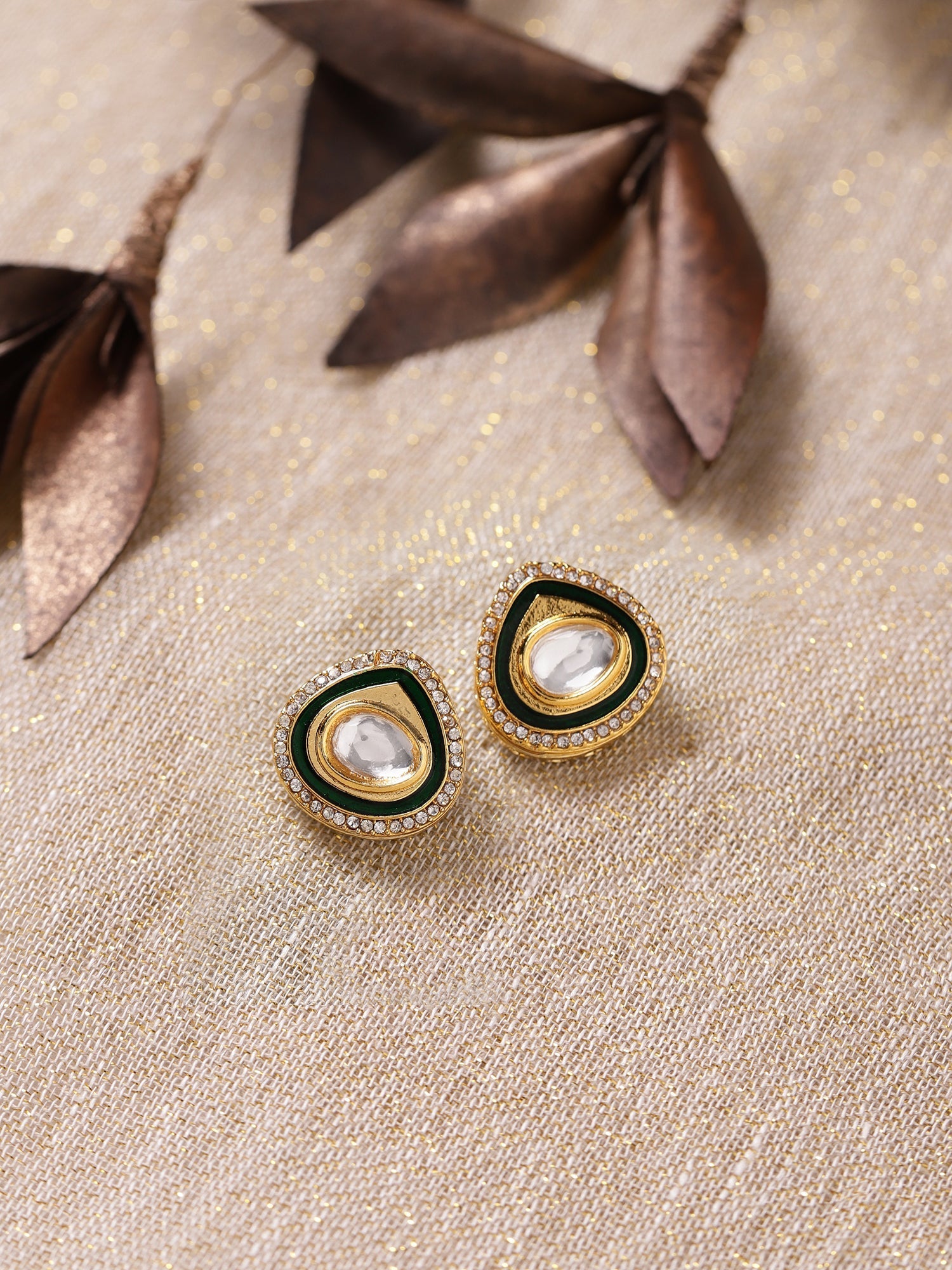 Gold-Polished Teardrop Kundan Studs Earrings - Ruby Raang