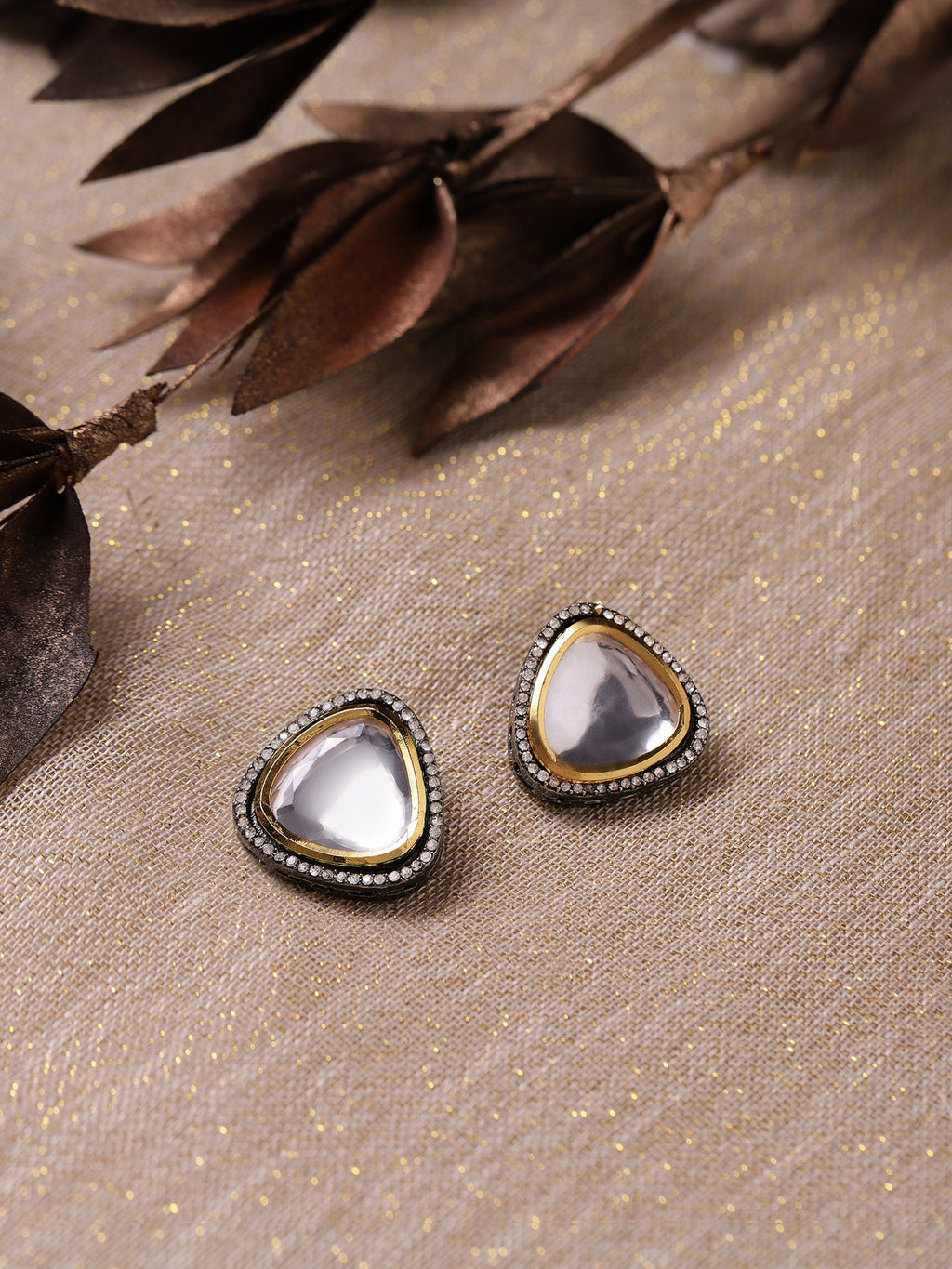 Silver-Plated Triangular Kundan Studded Studs Earrings - Ruby Raang