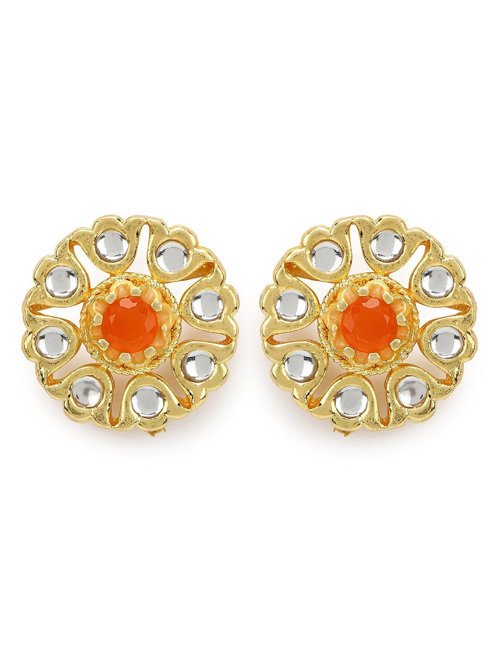 Gold-Polished Floral Shaped Kundan Studded Studs Earrings - Ruby Raang