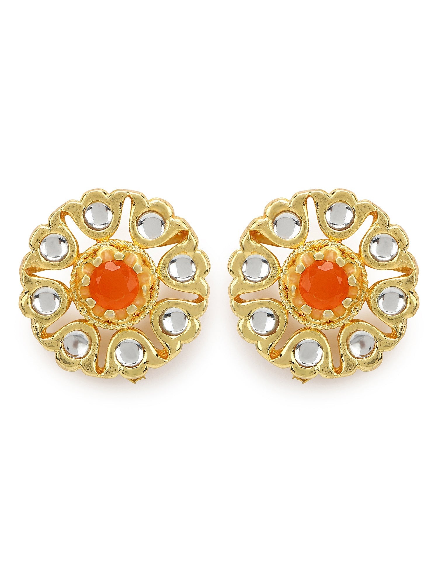 Gold-Polished Floral Shaped Kundan Studded Studs Earrings - Ruby Raang