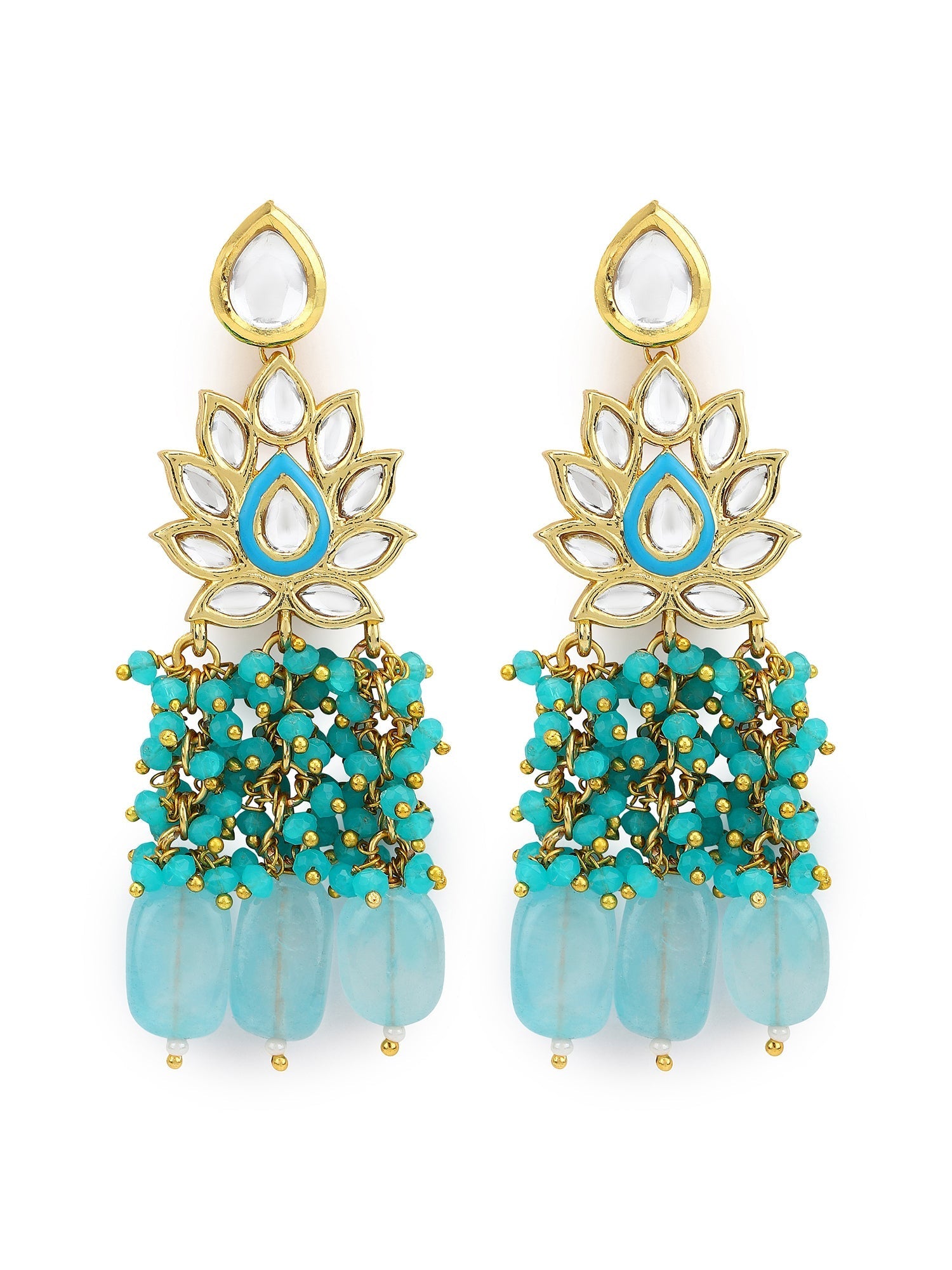 Gold-Polished Turquoise Blue Kundan Studded Classic Drop Earrings - Ruby Raang