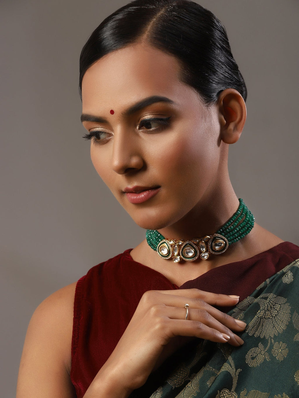 Gold-Polished Green Layered Necklace - Ruby Raang