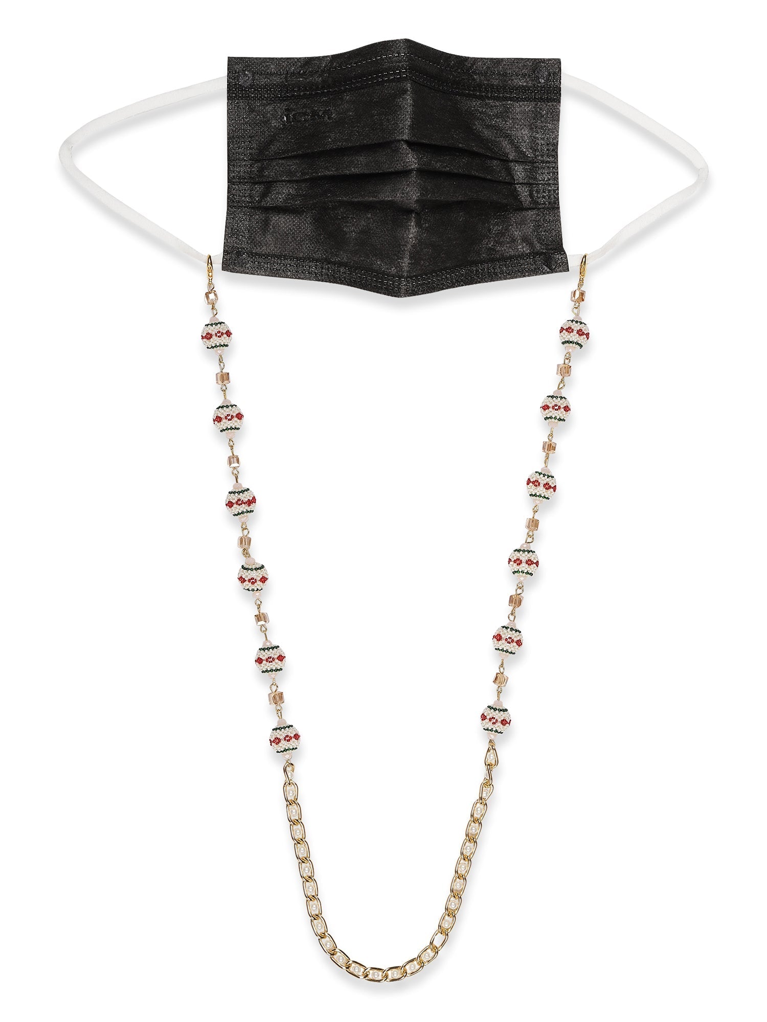 Gold-Toned White Embellished Mask Chain - Ruby Raang