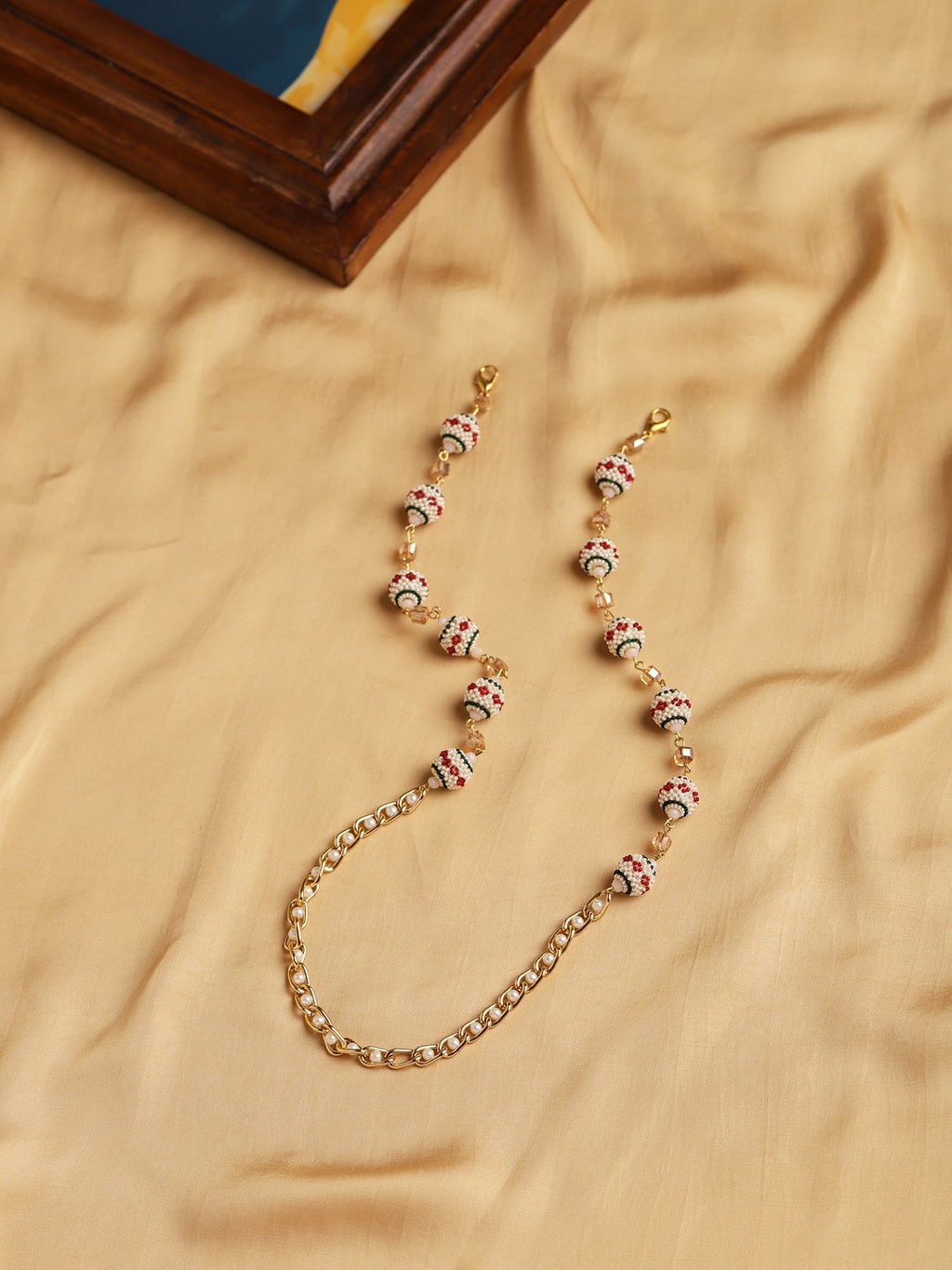 Gold-Toned White Embellished Mask Chain - Ruby Raang
