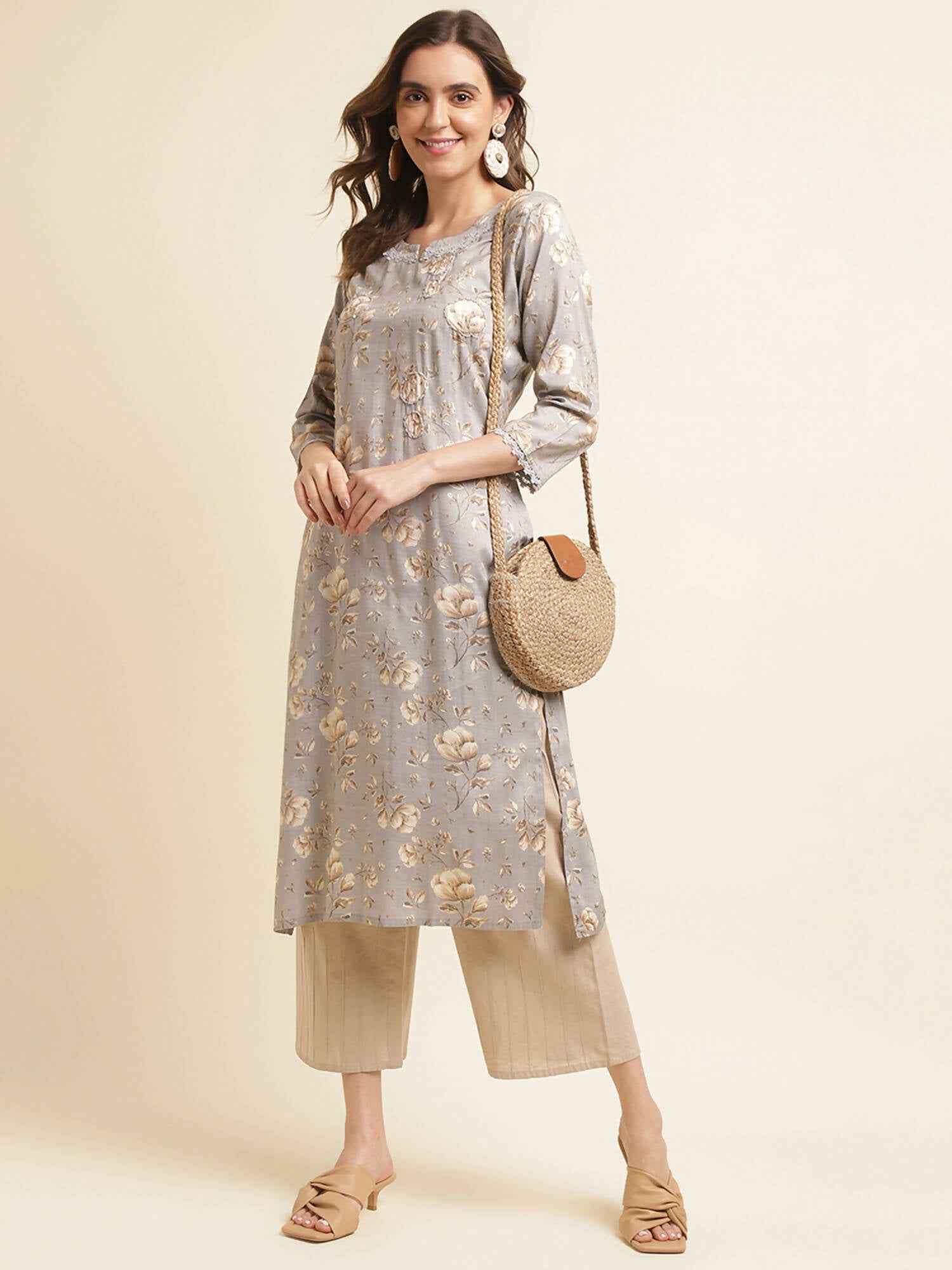 Grey Poly Rayon Floral Printed Straight Kurta - Prasuti