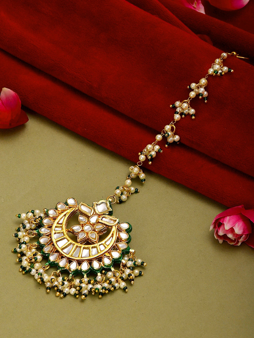 Meenakari and Pearl Kundan Maang Tikka - Ruby Raang