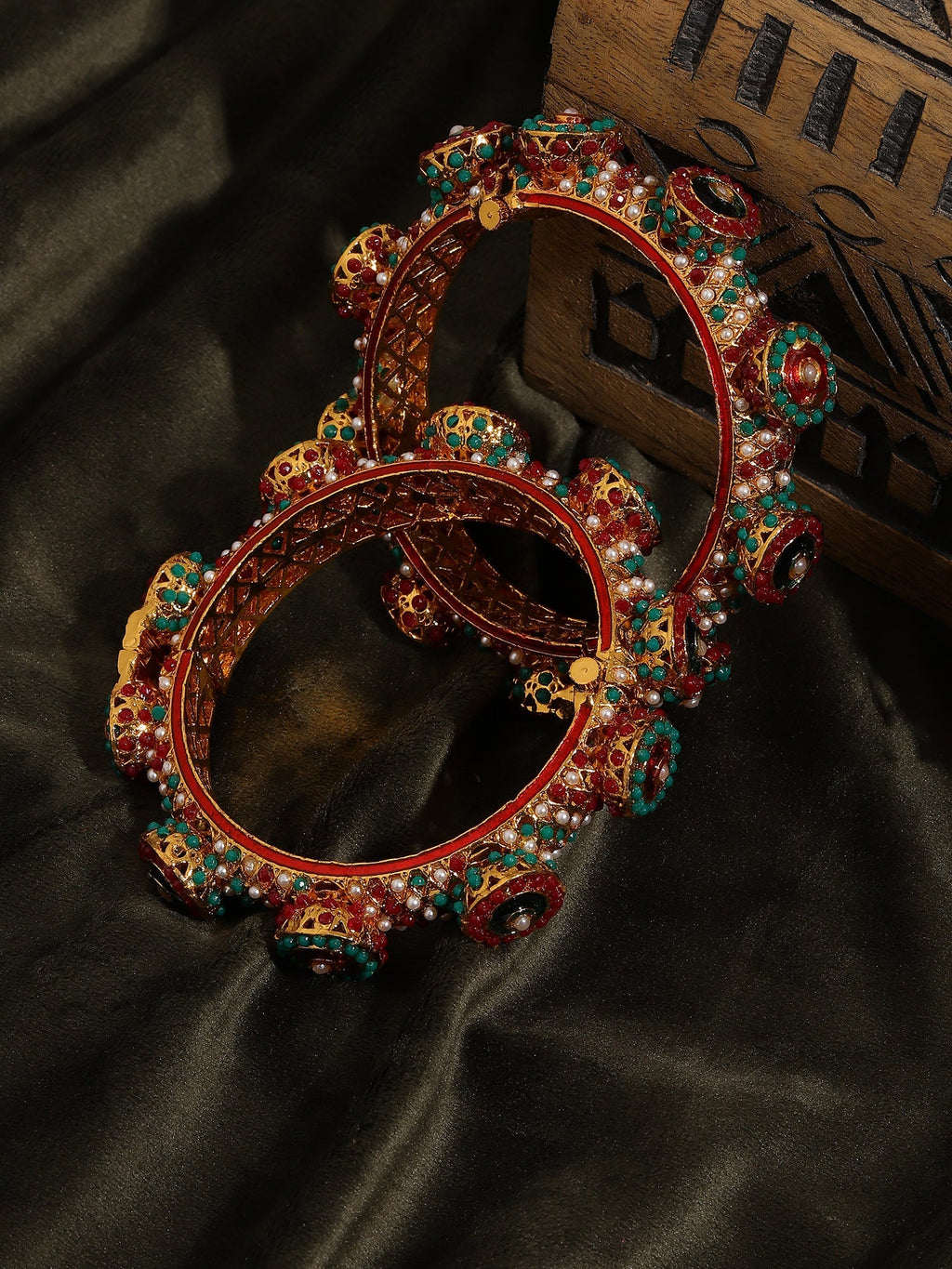 Rajwada Red - Green Hues Handcrafted Heavy Bangles (set of 2) - Ruby Raang