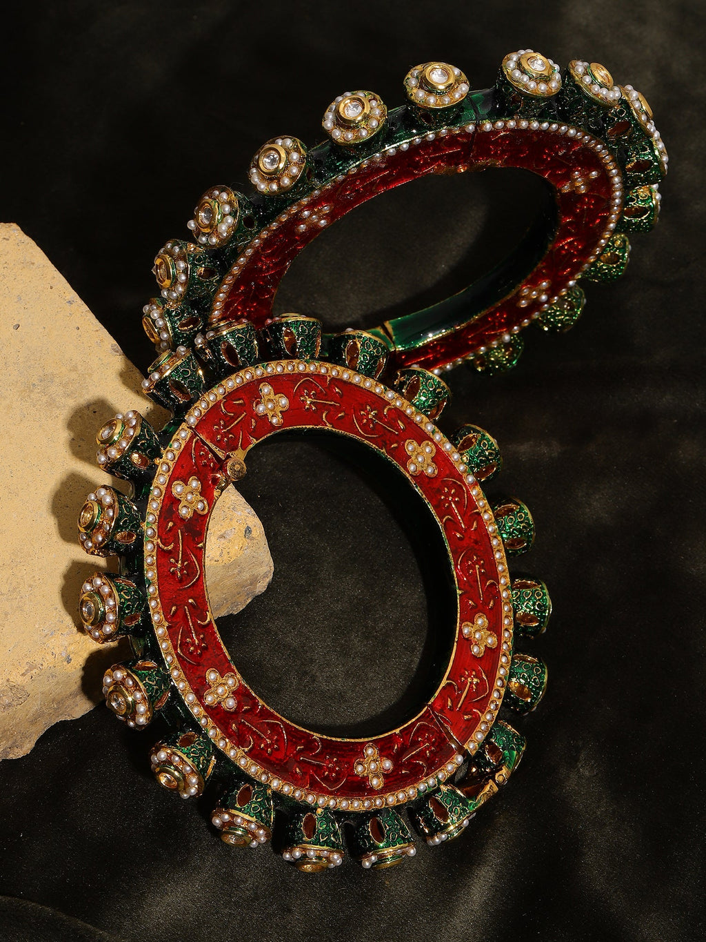 Meenakari Handcrafted Heavy Bangles (set of 2) - Ruby Raang